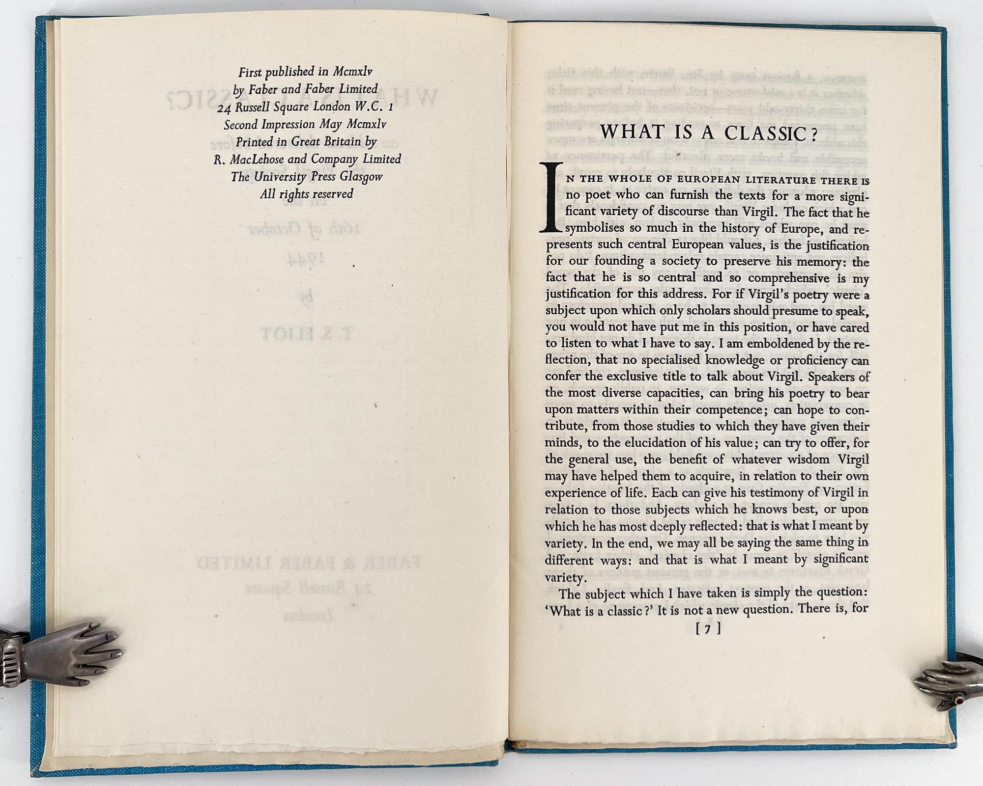 Anglais Qu'est-ce qu'un Classic ? par T.S. Eliot en vente