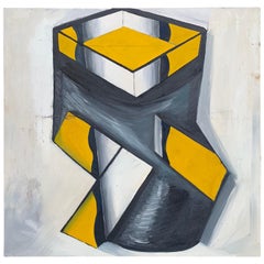 Large Mid-Century Modern Abstract Oil Painting With Yellow Black Cubes