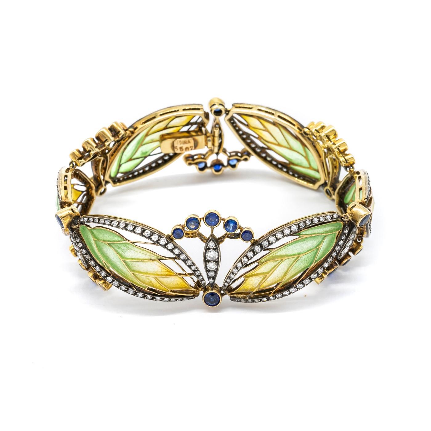 Modern Wheat and Seed Heads Plique À Jour Enamel, Sapphire and Diamond Bracelet For Sale