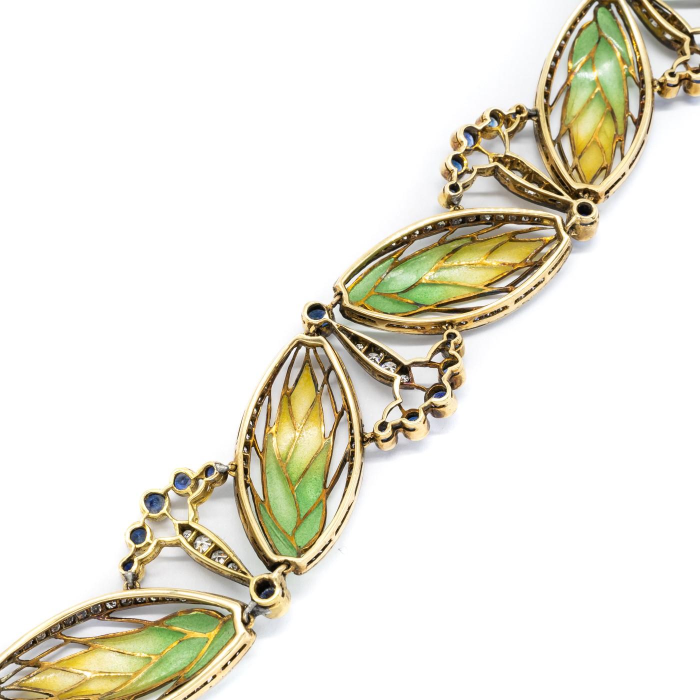 Round Cut Wheat and Seed Heads Plique À Jour Enamel, Sapphire and Diamond Bracelet For Sale