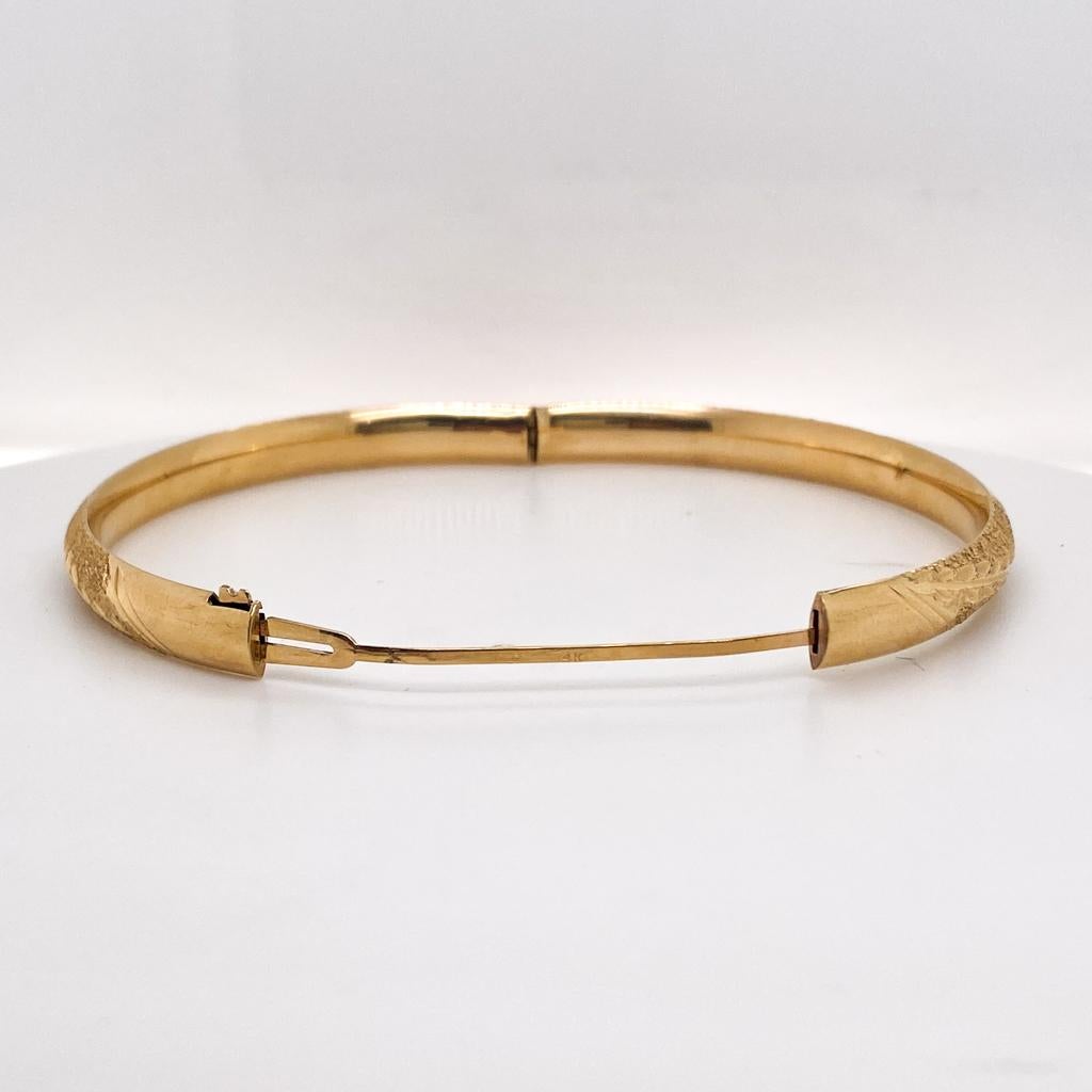Wheat Engraving on Mixed Texture Bangle Bracelet, 6mm Wide in 14K Yellow Gold For Sale 1