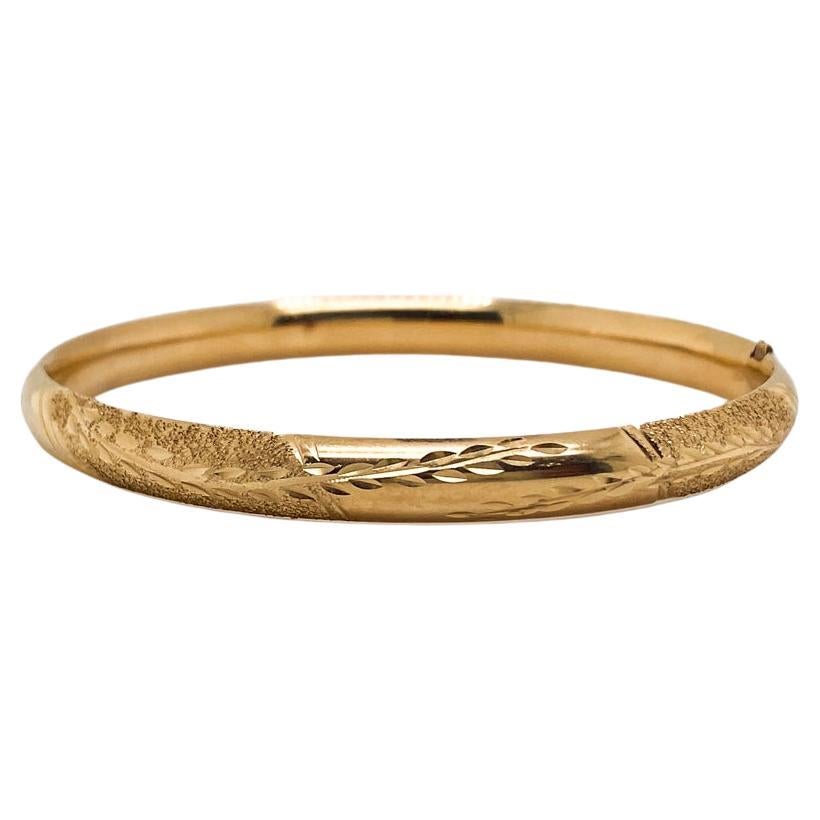 Wheat Engraving on Mixed Texture Bangle Bracelet, 6mm Wide in 14K Yellow Gold For Sale