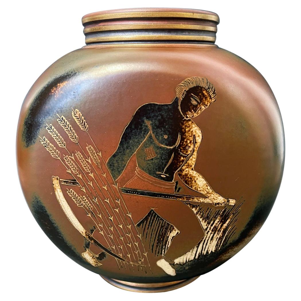 "Wheat Harvest, " Unique Art Deco Vase with Semi-Nude Worker by Nylund, Sweden