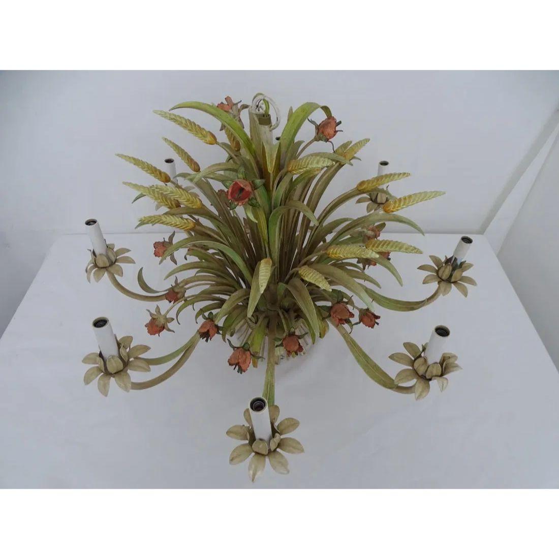 Wheat Sheaf and Floral Tole Eight Light Chandelier In Good Condition In Locust Valley, NY