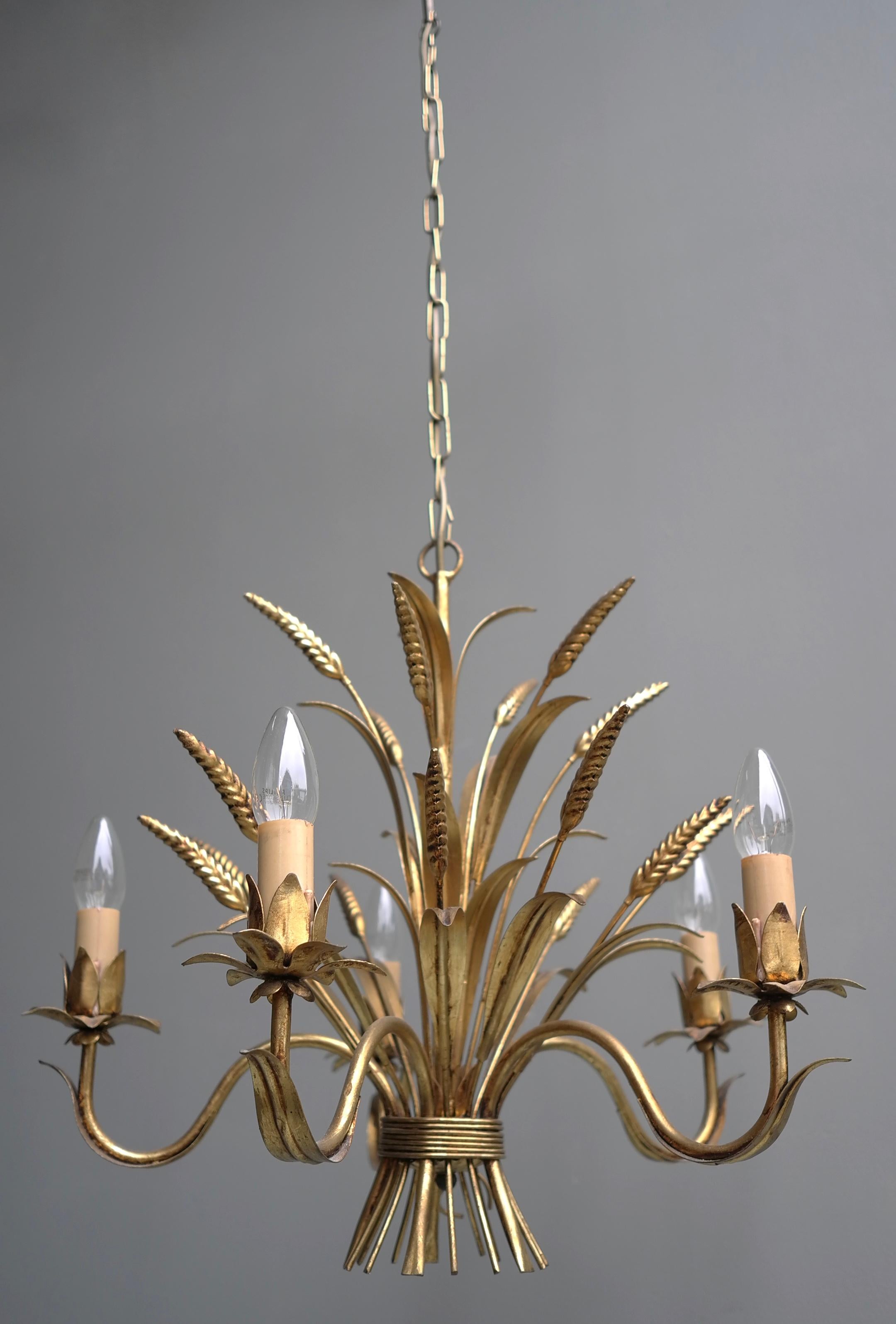 Mid-Century Modern Wheat Sheaf Gold Colored Pendant Lamp, France, 1960s