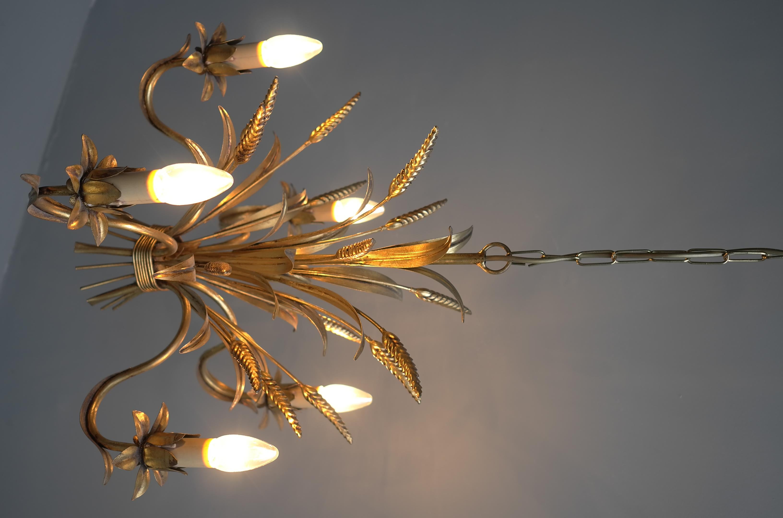 French Wheat Sheaf Gold Colored Pendant Lamp, France, 1960s