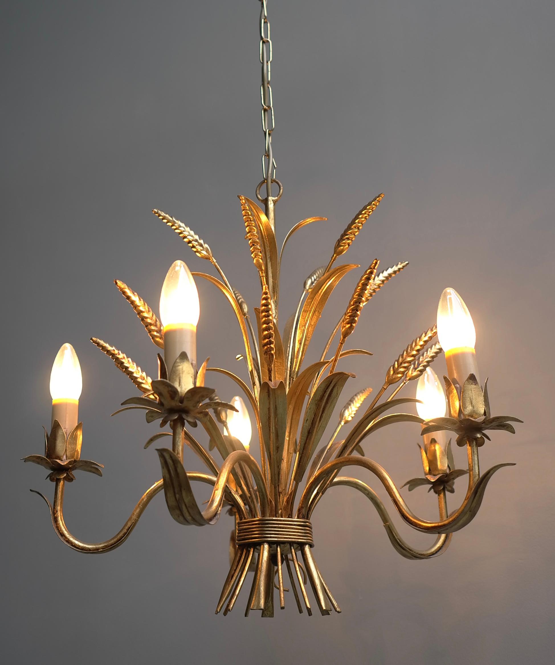 Wheat Sheaf Gold Colored Pendant Lamp, France, 1960s In Good Condition In Den Haag, NL