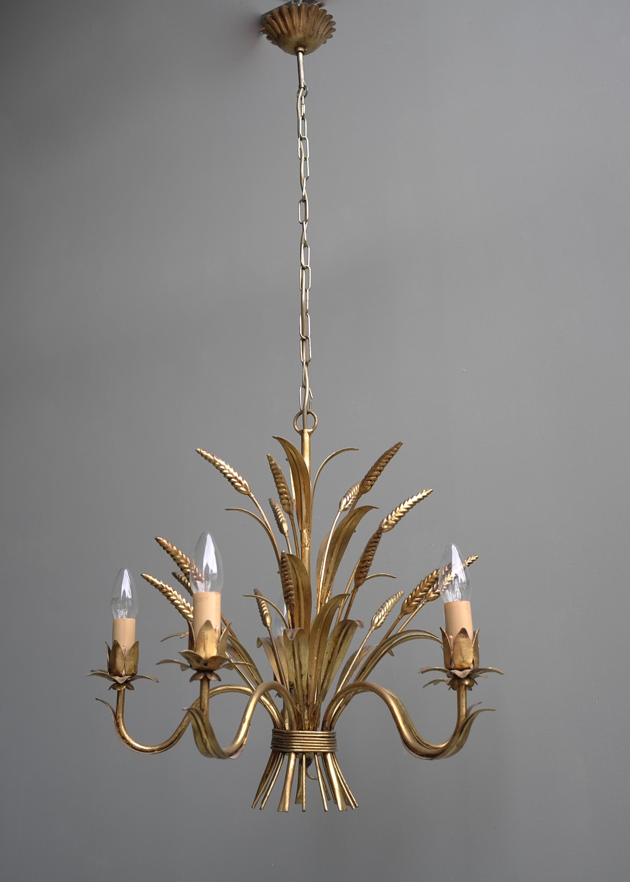 Mid-20th Century Wheat Sheaf Gold Colored Pendant Lamp, France, 1960s