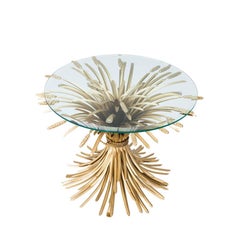 Wheat Sheaf Side Table in Antique Gold Finish with Glass Top