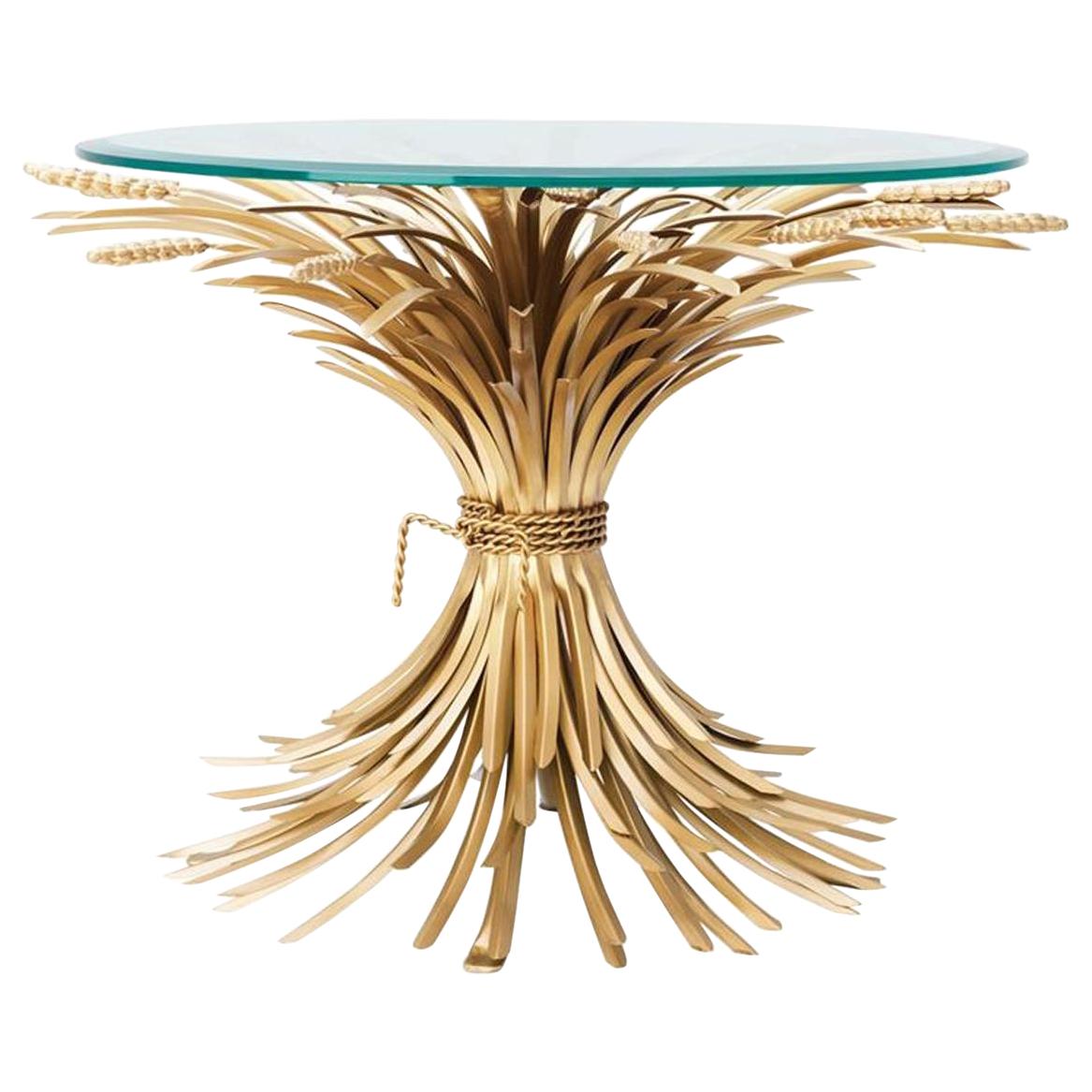 Wheat Sheaf Side Table in Antique Gold Finish with Glass Top