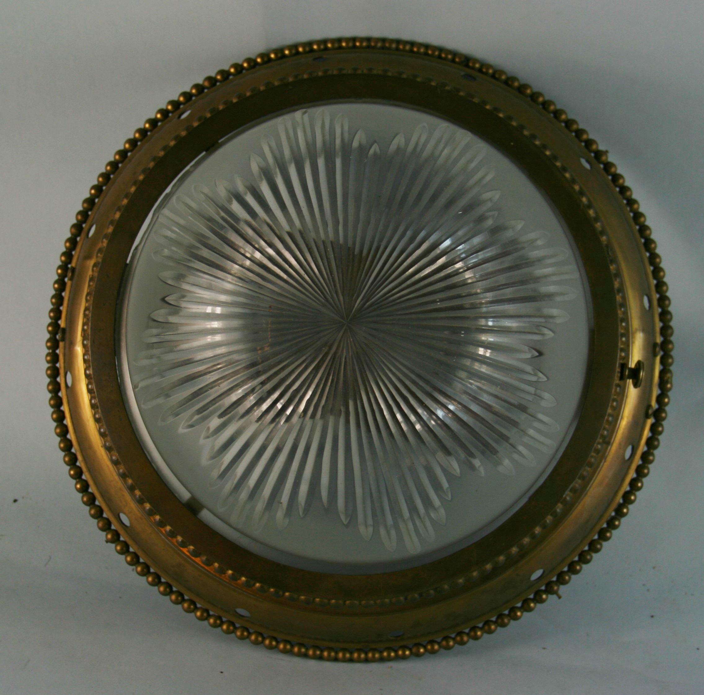 Wheel Cut Frosted Glass Domed top Flush Mount with Dart Detailing, 1920's 5