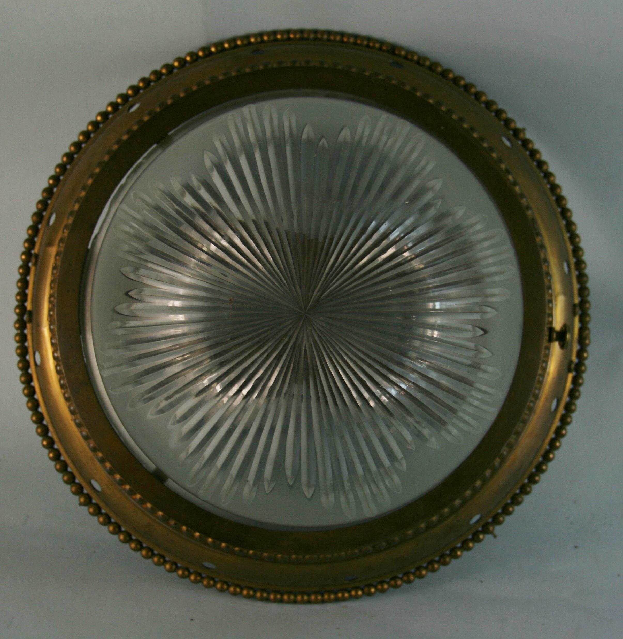 Wheel Cut Frosted Glass Domed top Flush Mount with Dart Detailing, 1920's 6