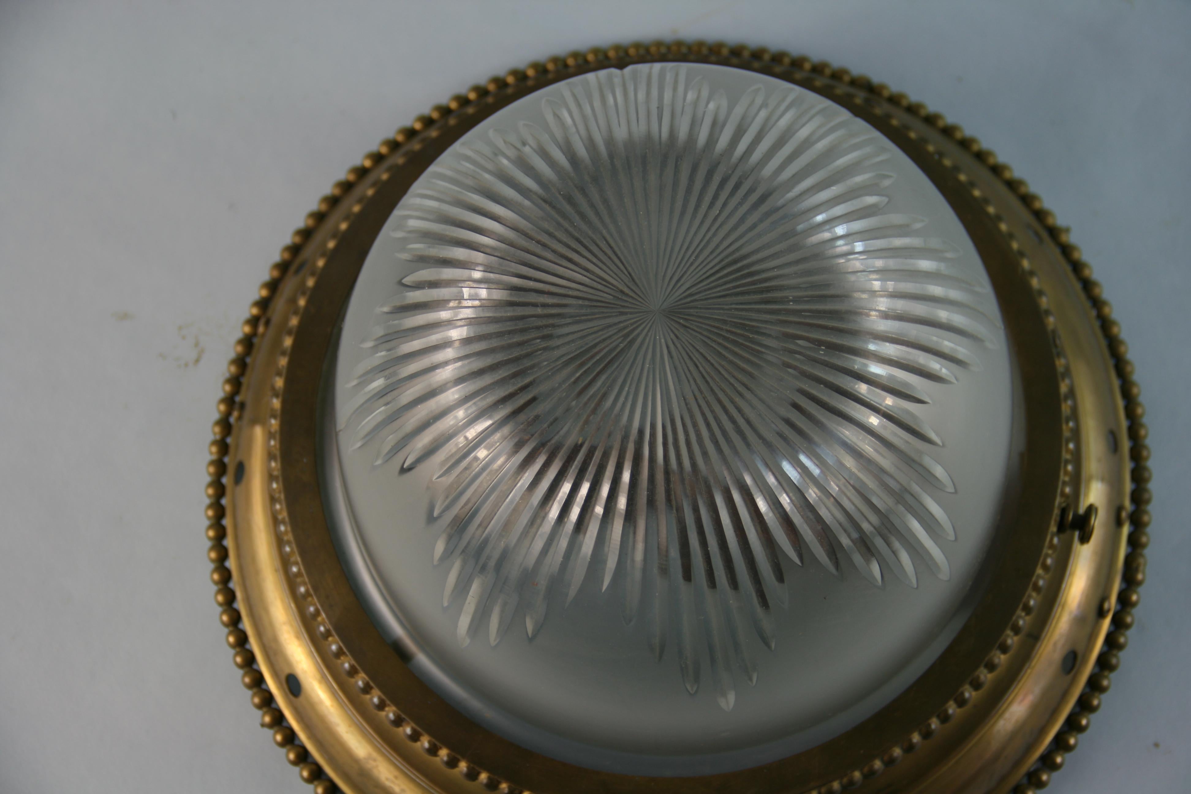 Early 20th Century Wheel Cut Frosted Glass Domed top Flush Mount with Dart Detailing, 1920's