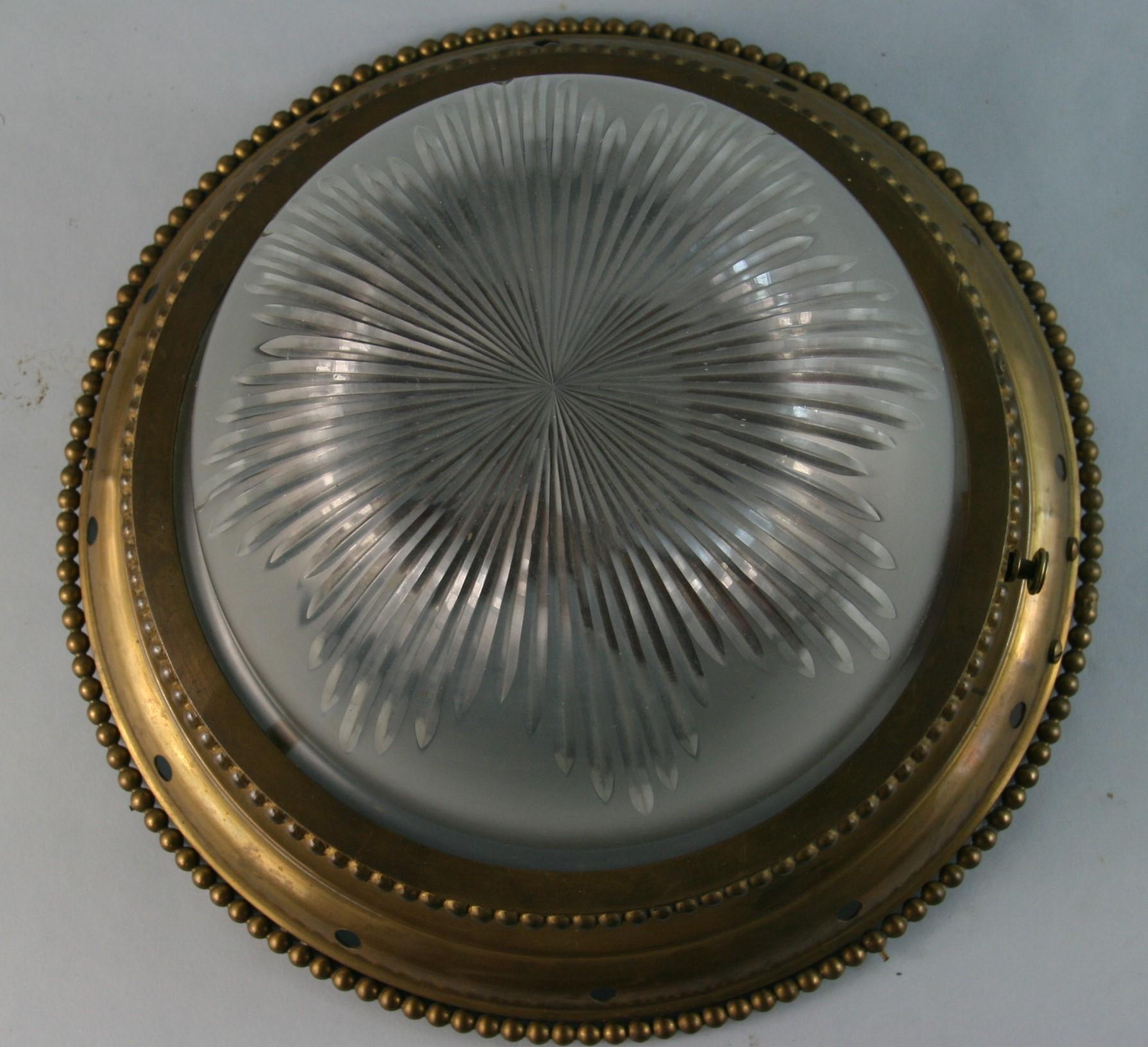 Brass Wheel Cut Frosted Glass Domed top Flush Mount with Dart Detailing, 1920's