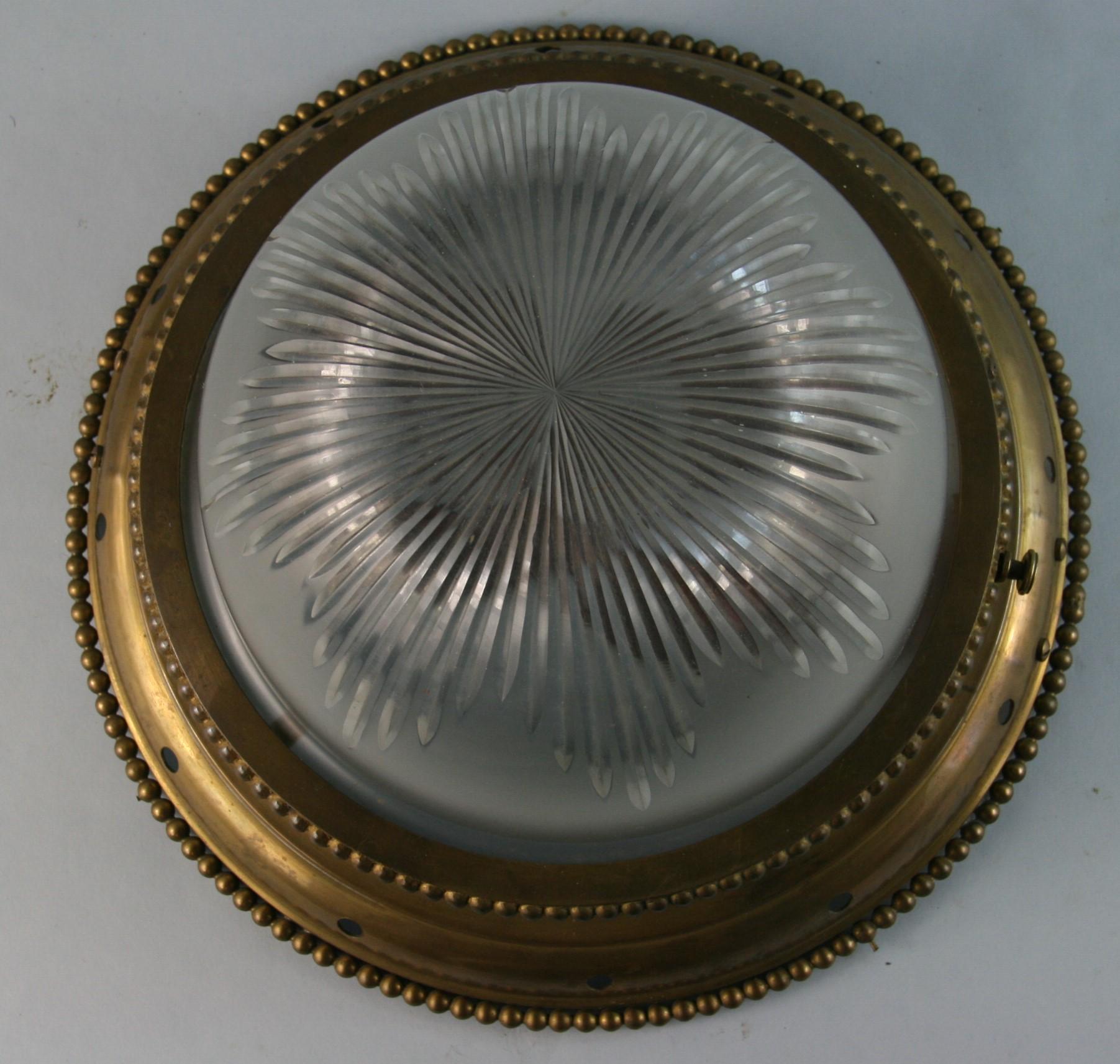 Wheel Cut Frosted Glass Domed top Flush Mount with Dart Detailing, 1920's 1
