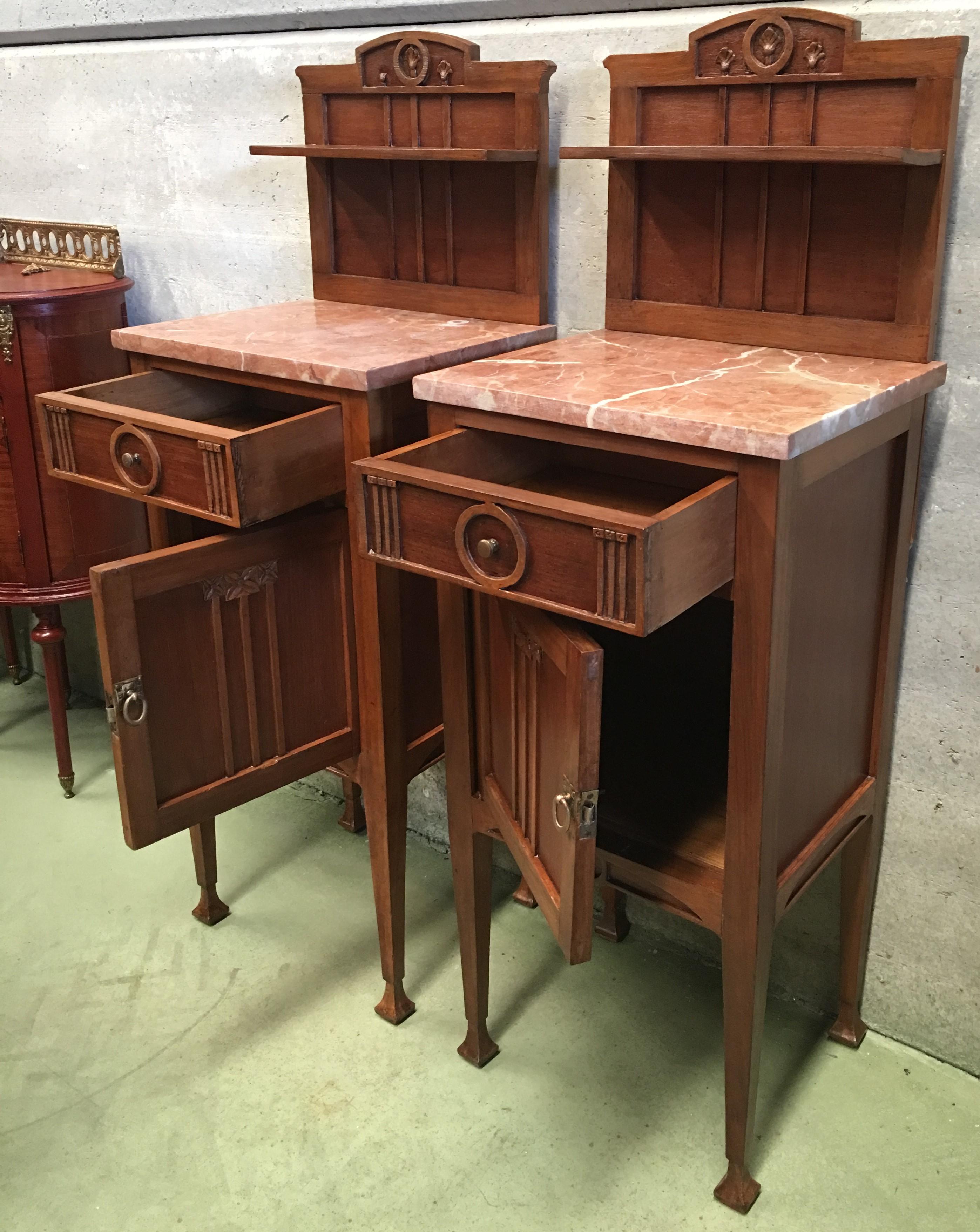 1900s, Art Nouveau Pair of Nightstands in Mahogany Top in Marble 3