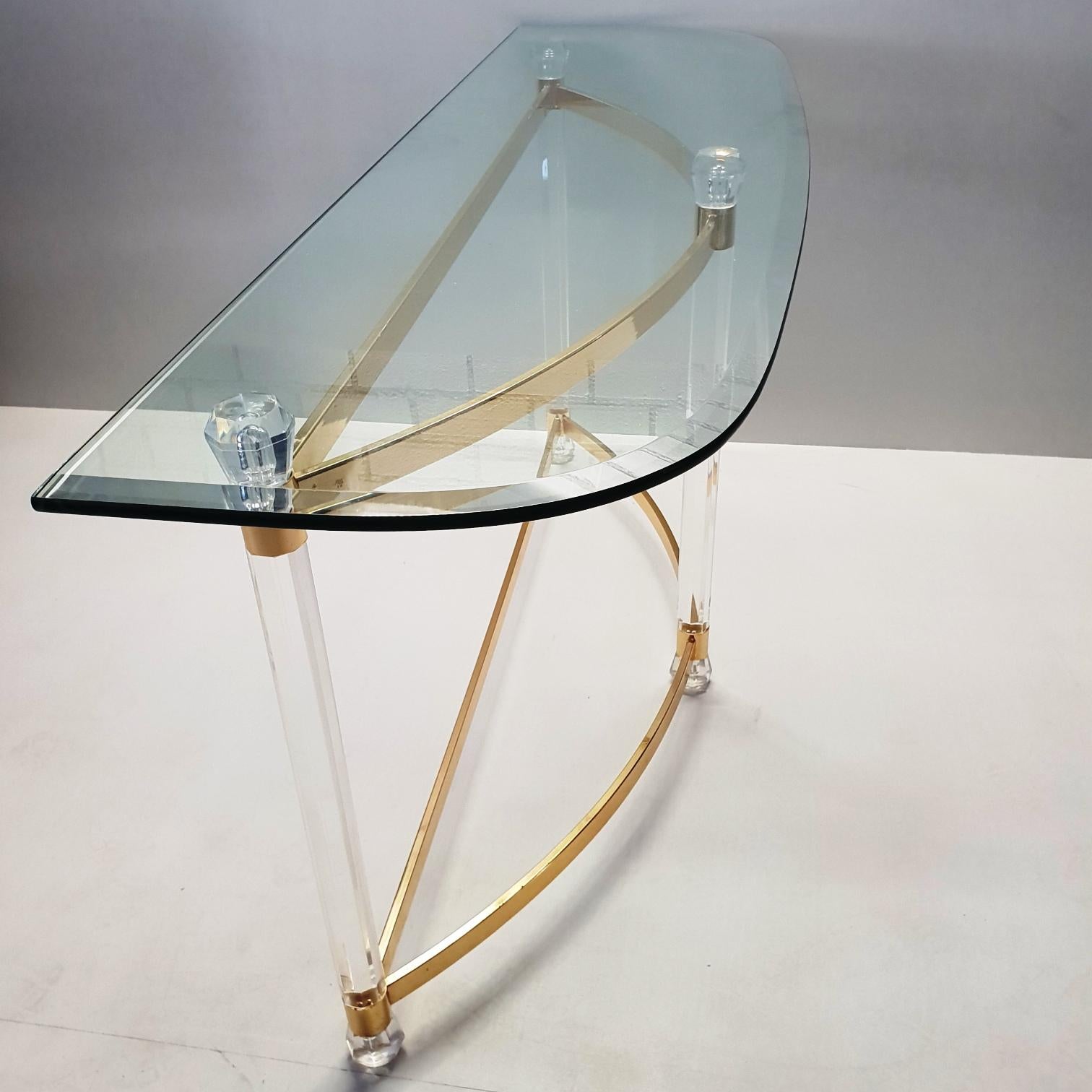 French Brass and Lucite Console Table with Facet Glass Top, 1970s 4