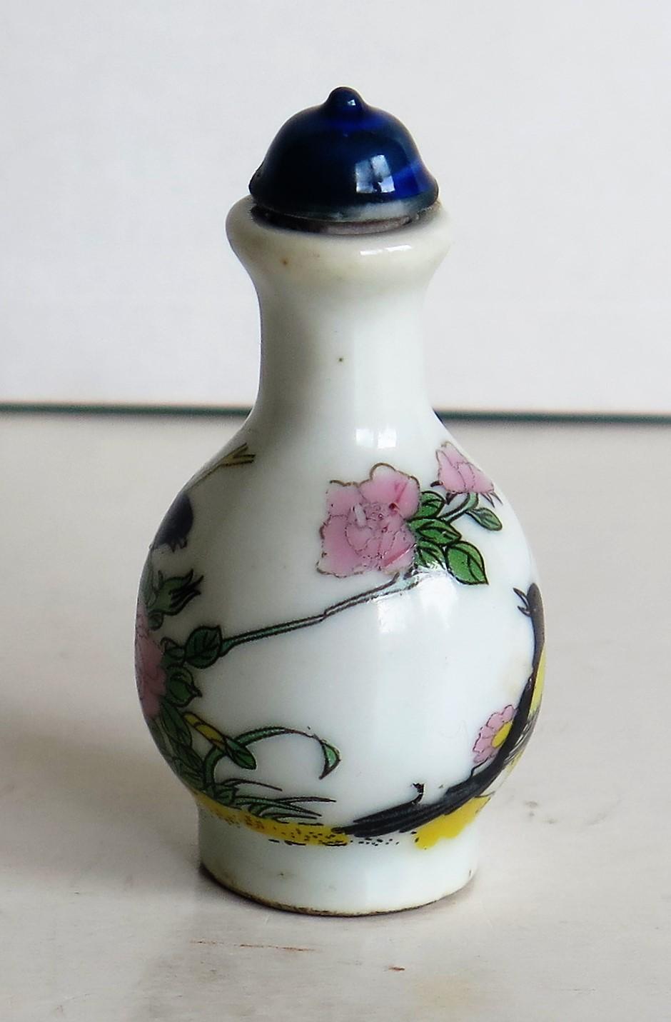 Chinese Porcelain Snuff Bottle, Hand-Painted Birds and Flowers, circa 1930 6