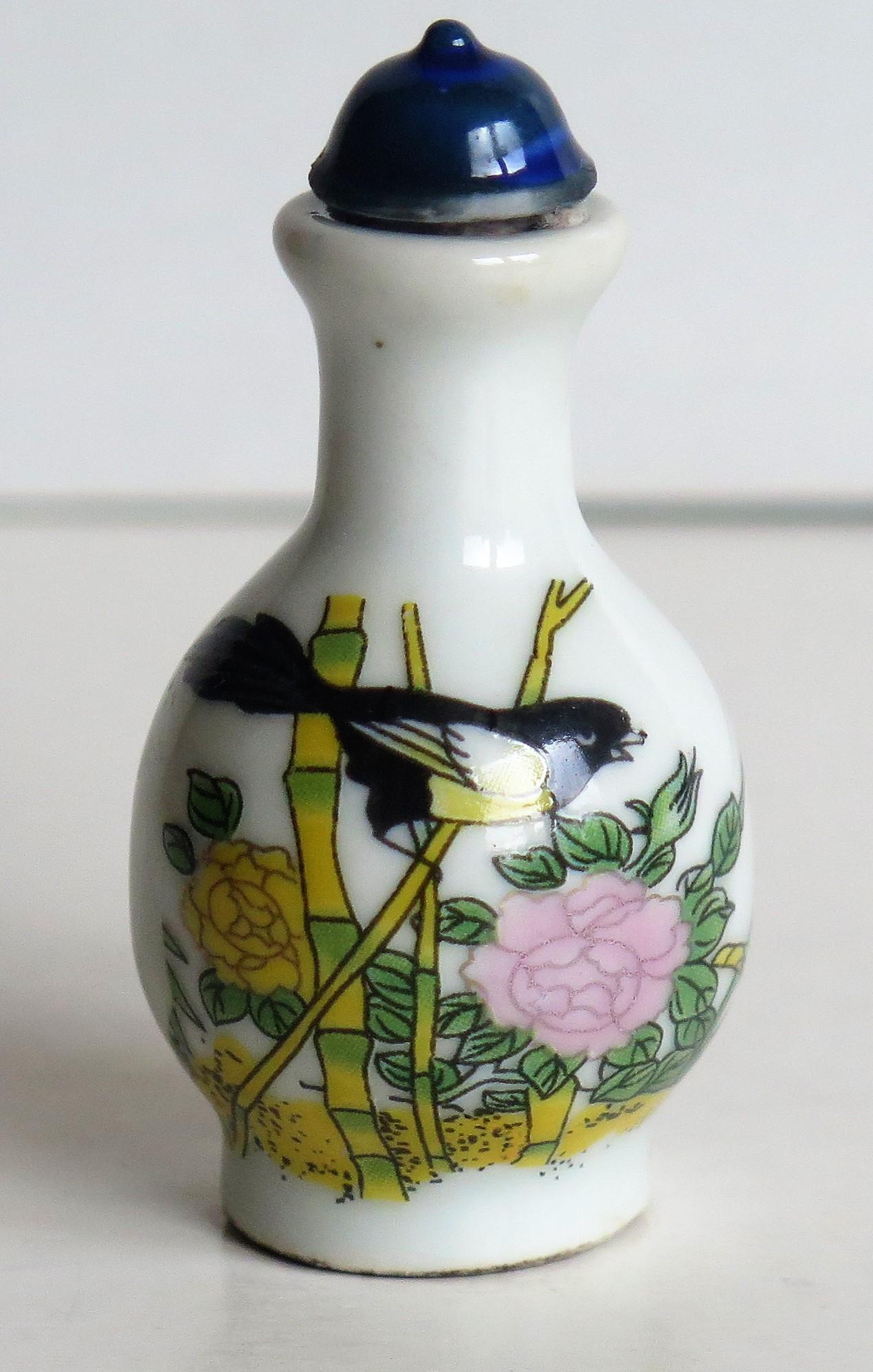 Chinese Porcelain Snuff Bottle, Hand-Painted Birds and Flowers, circa 1930 7