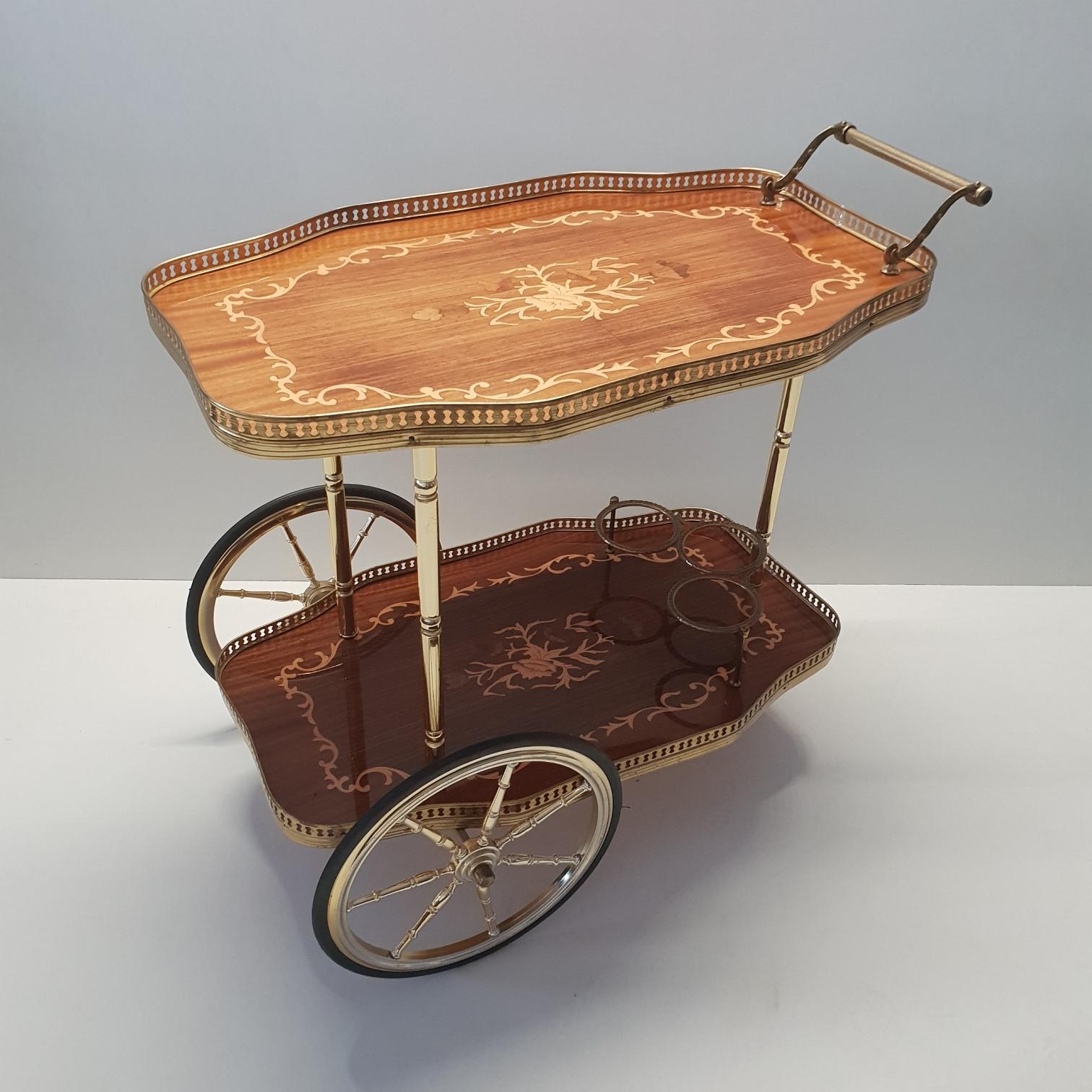 Italian Brass Trolley Bar Cart with Wooden Inlay, 1950s 8