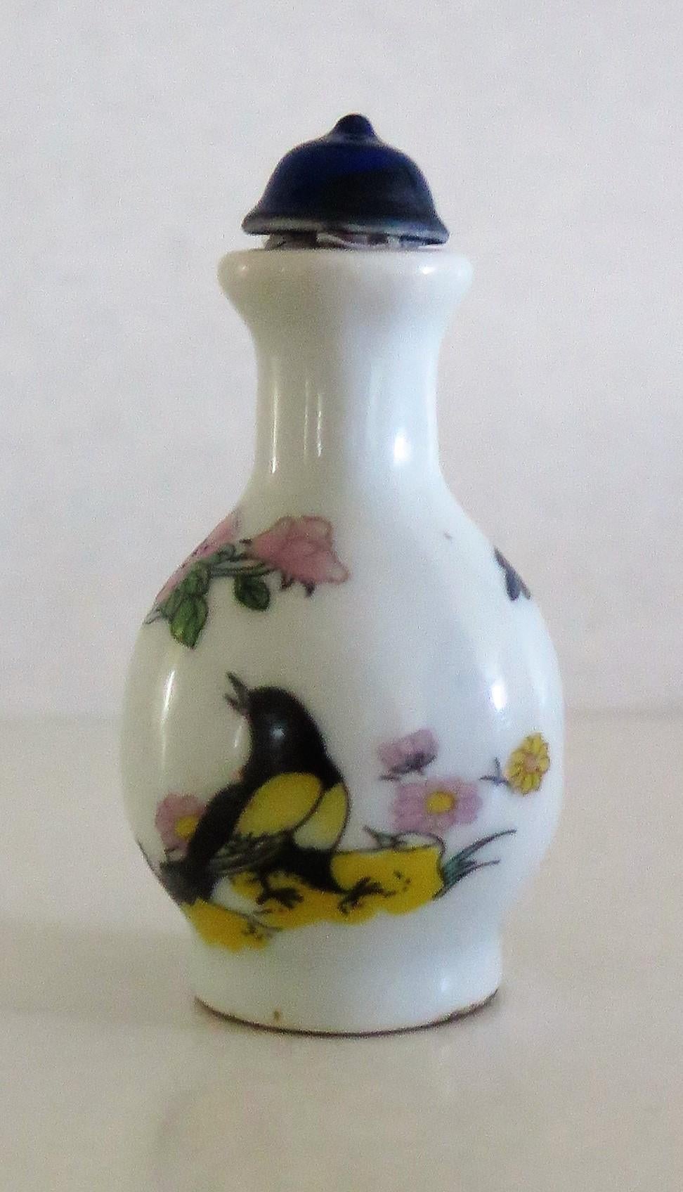 Chinese Porcelain Snuff Bottle, Hand-Painted Birds and Flowers, circa 1930 8