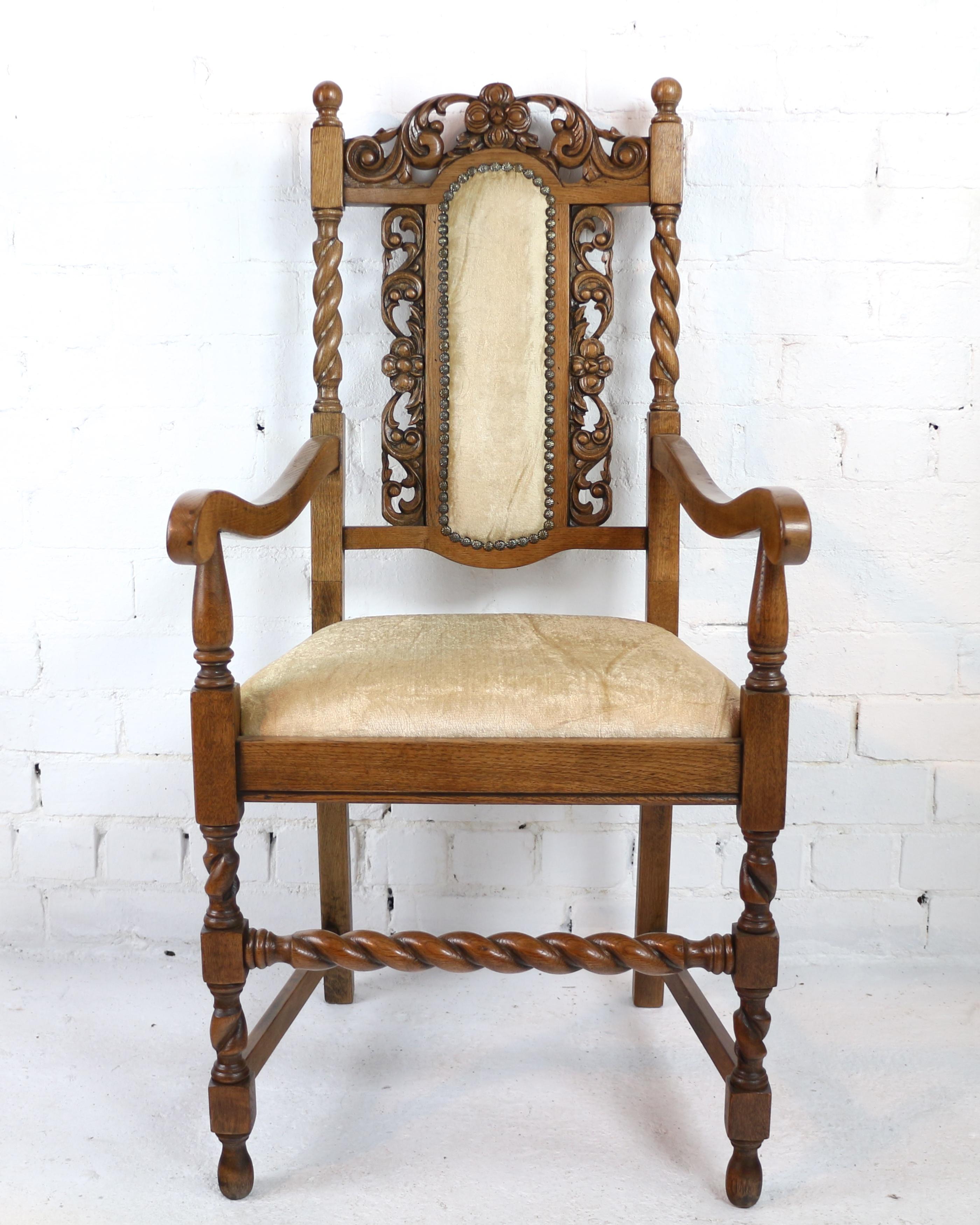 Set of 12 Antique Jacobean Revival Carved Oak Barley-Twist Dining Chairs 6