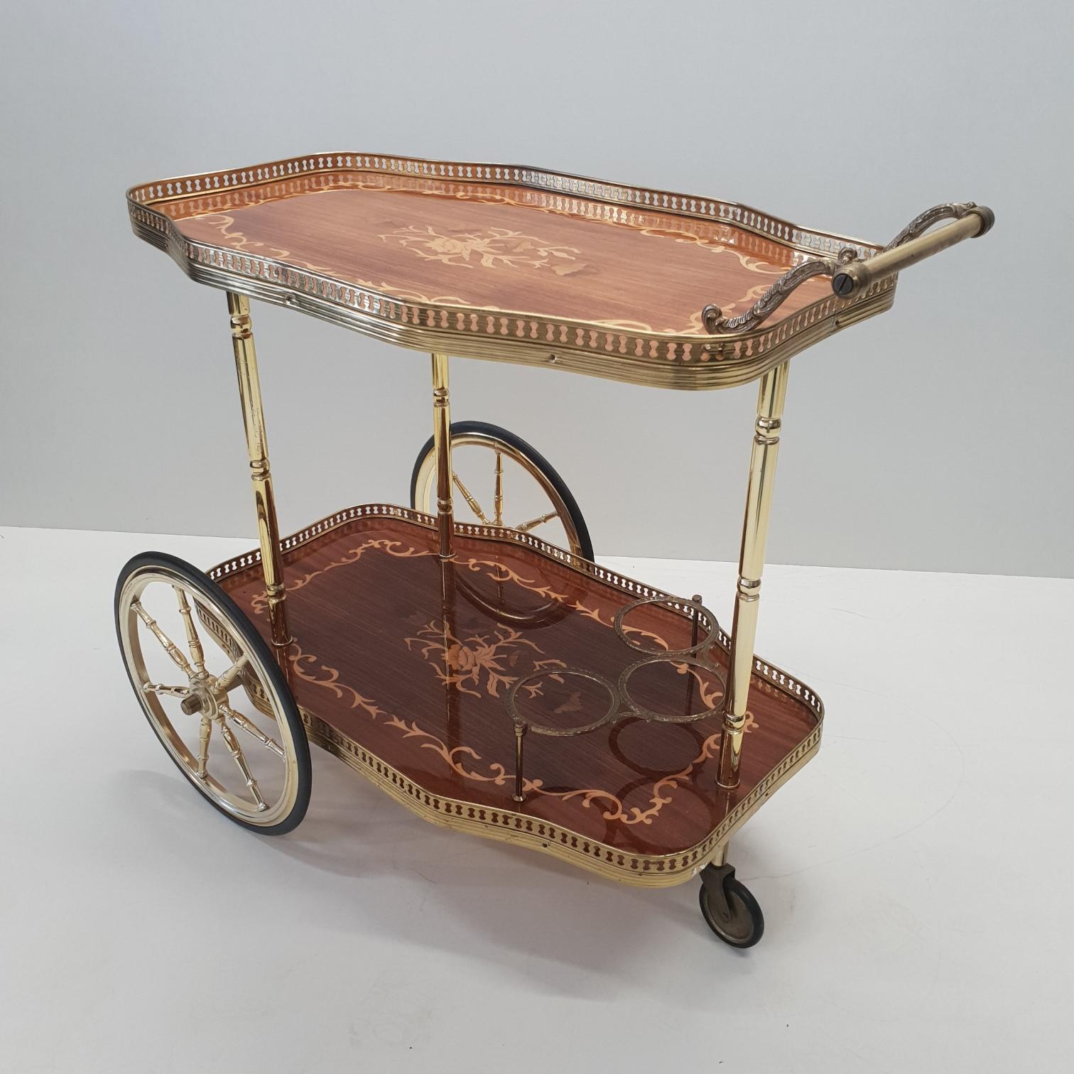 Italian Brass Trolley Bar Cart with Wooden Inlay, 1950s 10
