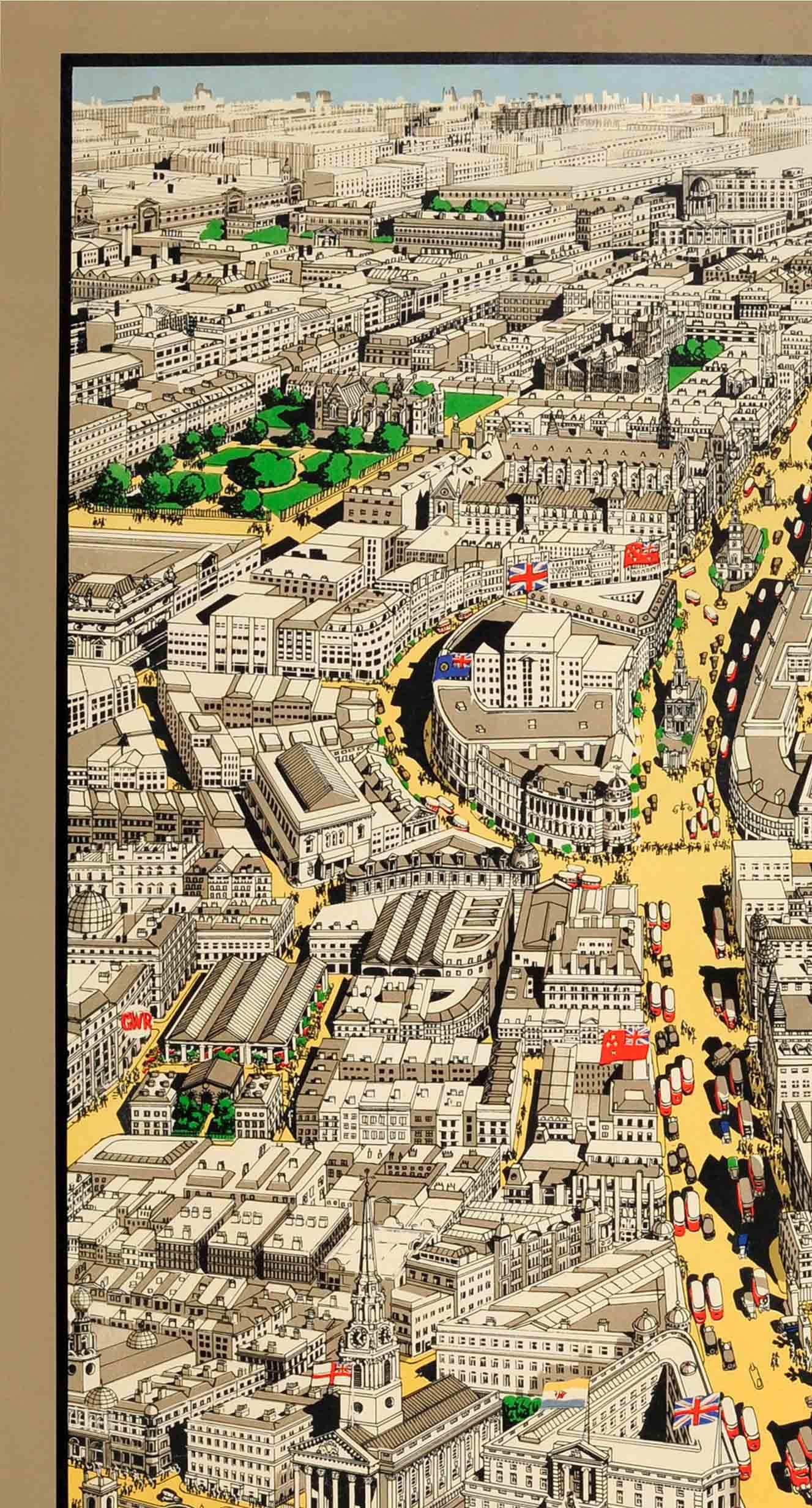 Rare original vintage travel advertising poster promoting tourism to London published by GWR Great Western Railway featuring a stunning illustration by Ernest Coffin (1868-1944) depicting a scenic bird's eye view of London including Pall Mall,