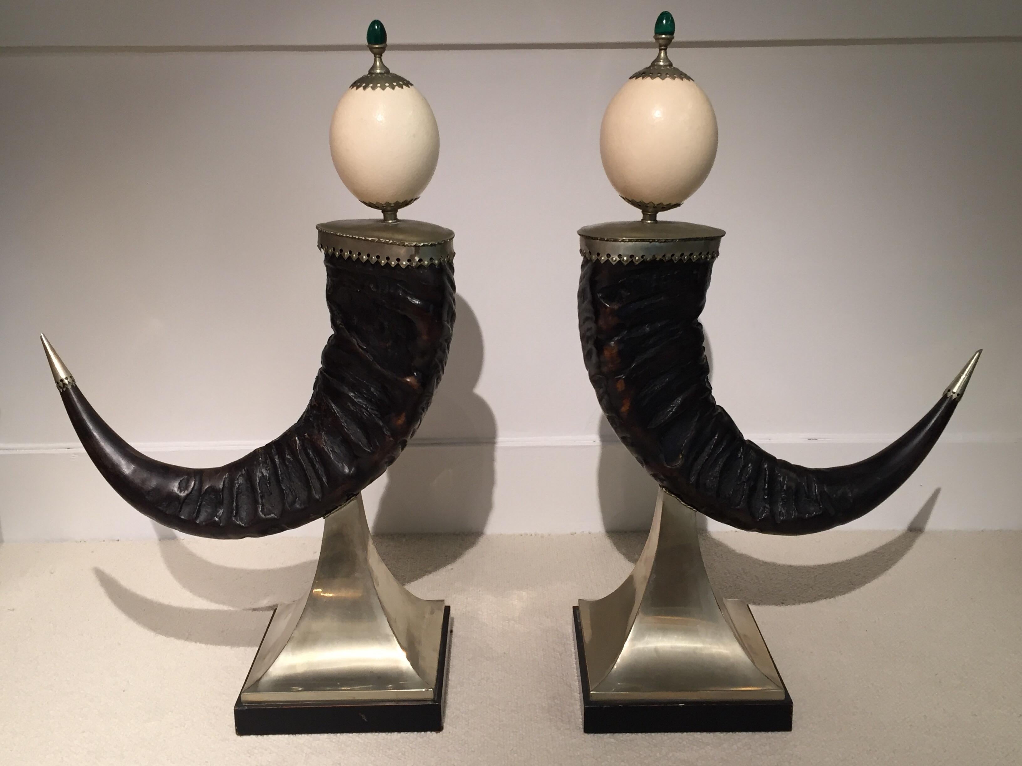 Pair of Large Anthony Redmile Mounted Hornson silvered metal with Ostrich egg and Malachite
Stamped and signed on the base.
Materials: silvered metal, Horn, malachite, ebonized wood, ostrich egg.
Good vintage condition.