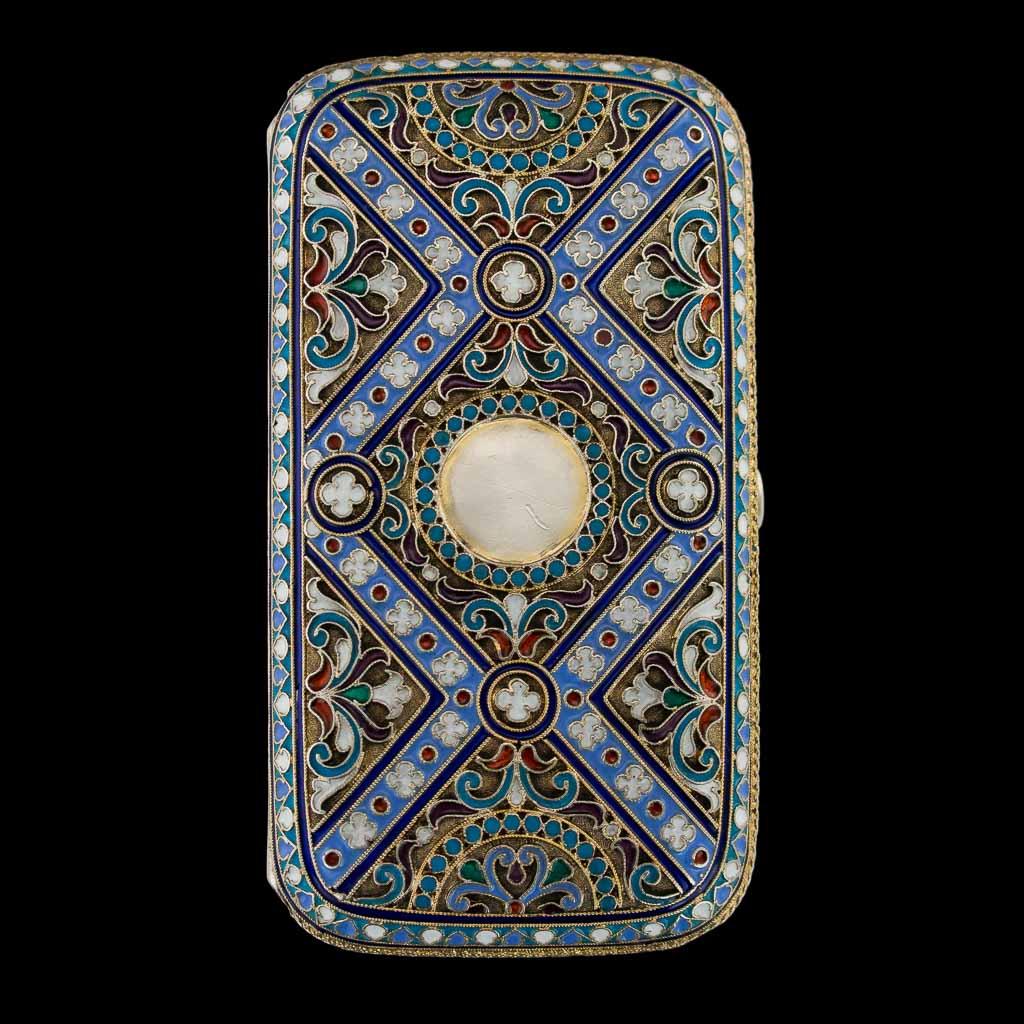 Antique 19th century Imperial Russian solid silver and enamel cigarette case, rectangular form with rounded corners, both side decorated with traditional Russian stylized flowers and foliage in polychrome cloisonne' enamel, the cigarette case is