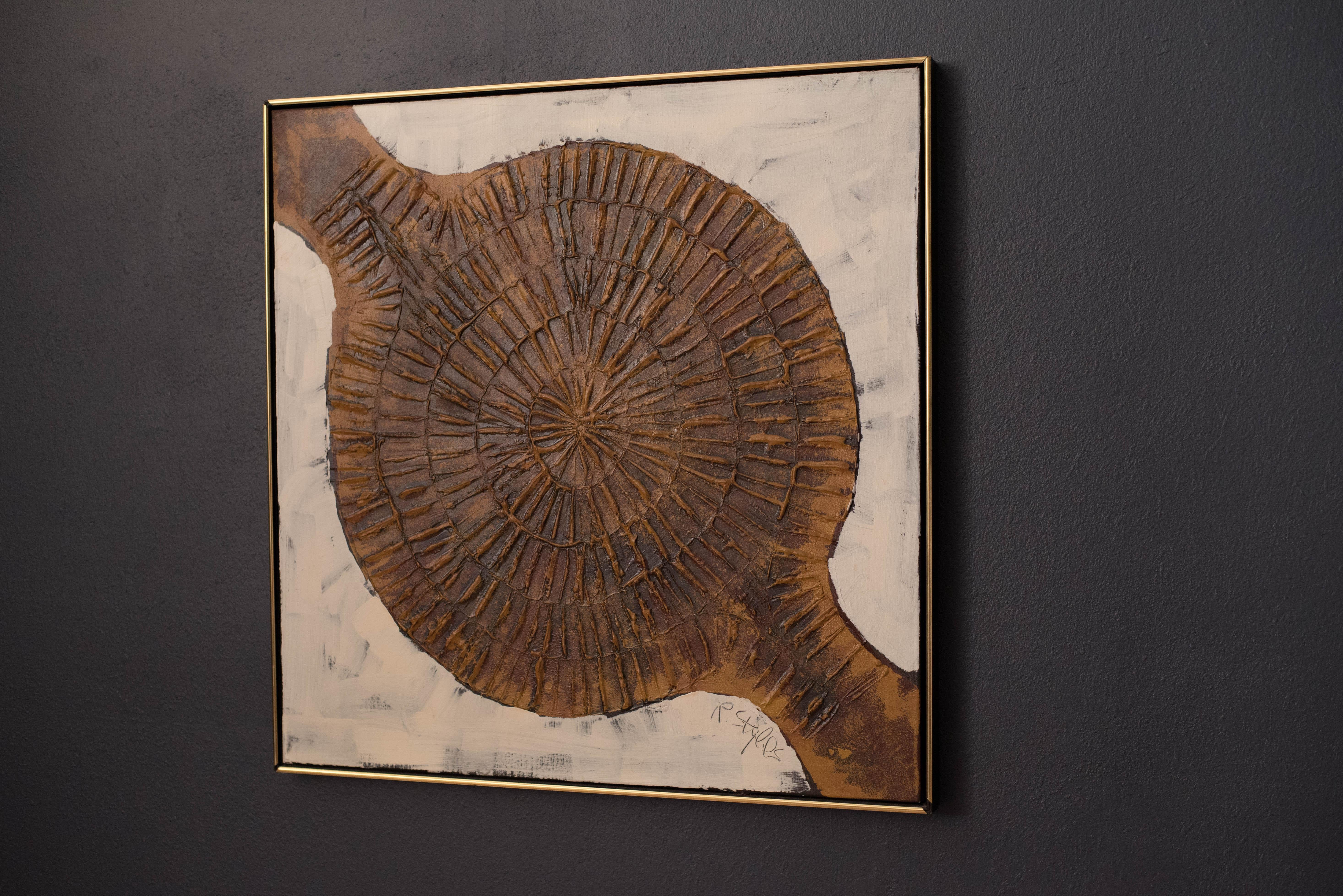 Large mid century painting signed R. Styles for Avante Studios, circa 1970s, California. This art piece displays warm neutral mediums and was hand-painted oil on canvas. Includes the original frame.

 