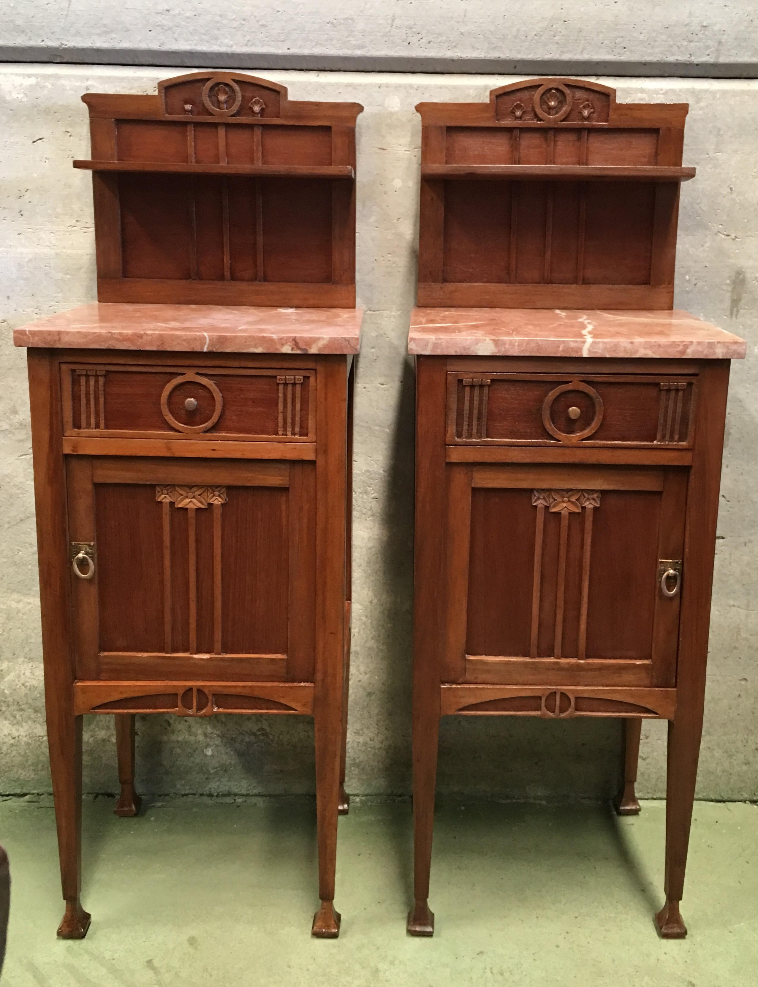 Late 19th century Art Nouveau pair of nightstands in mahogany with the top in marble, bronze decorations, restored and polished to wax.