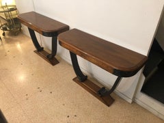 Art Deco Pair of Walnut Wood and Ebonized Black Details Table Consoles, 1930