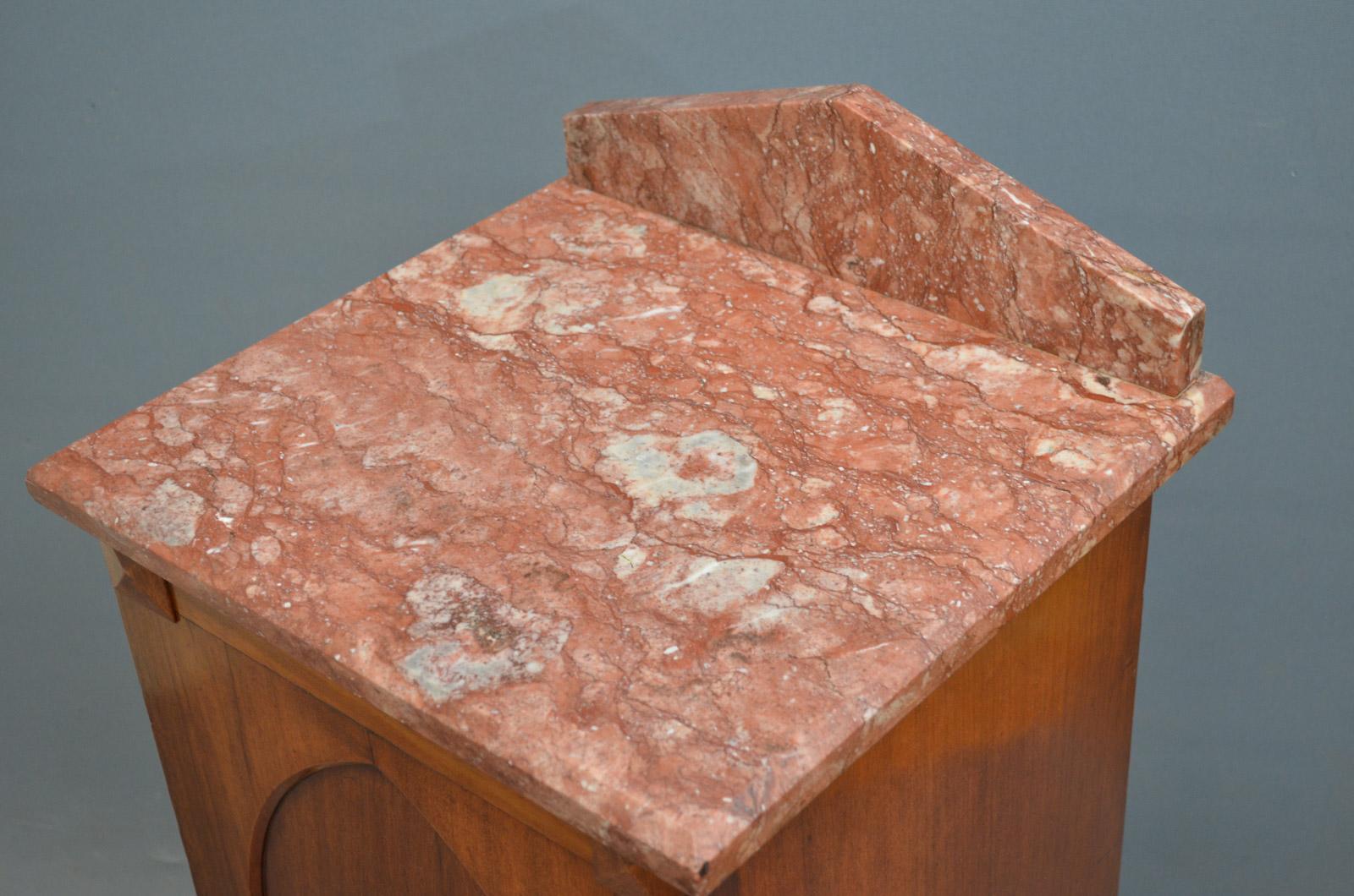 Sn3293 Unusual Victorian bedside cabinet in mahogany, having architectural marble upstand and top above arcaded door with brass handle, standing on plinth base, circa 1870
Measures: H 33