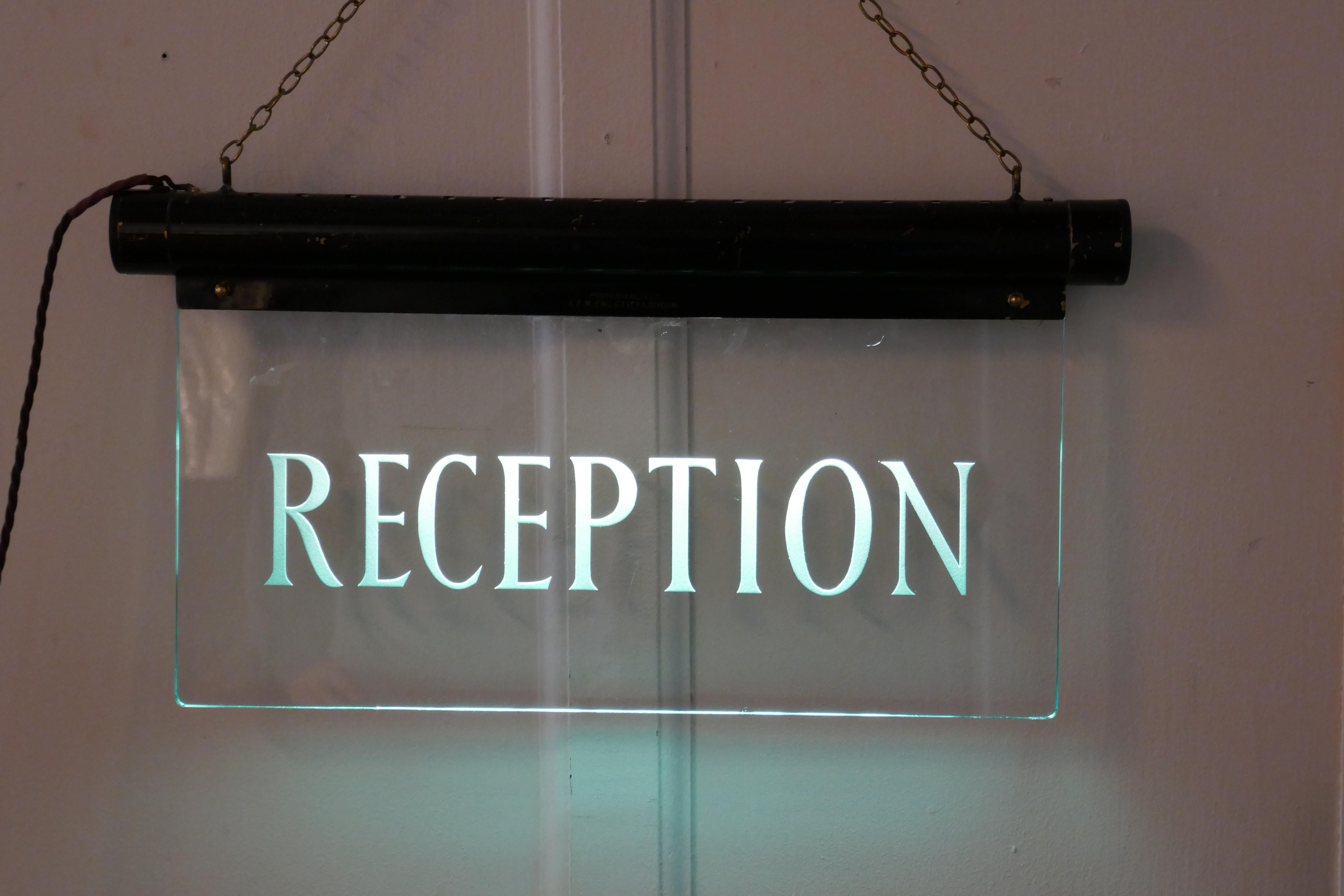 Art Deco Illuminated Hotel Reception Sign


A great piece for a Hotel or similar, the Word RECEPTION is etched and enamelled into the plate glass and when illuminated the green tone of the glass is picked up showing a Luminous 3D Sign
A Piece