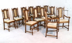 Set of 12 Antique Jacobean Revival Carved Oak Barley-Twist Dining Chairs