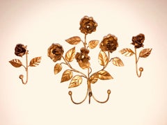 Italian Florentine Gold Gilt Metal Rose Coat Hook Set Toleware Tole, 1950s