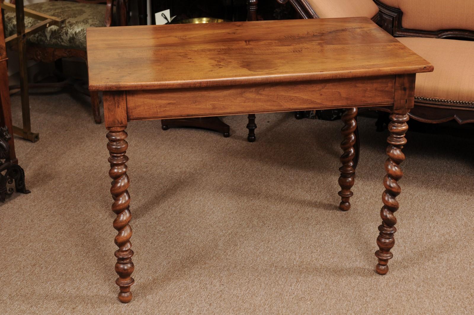 The French walnut writing table/side table with drawer and barley twist legs.
 