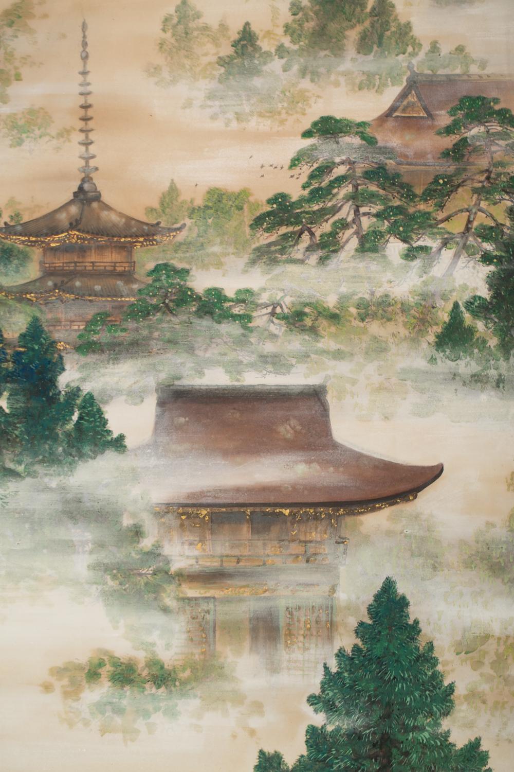 Kyoto landscape featuring Kyomizu Shrine in all its glory in the Higashiyama Hills.
Artist signature and seal read: Asami Kojo
Mineral pigments on mulberry paper with mica dust mist.
