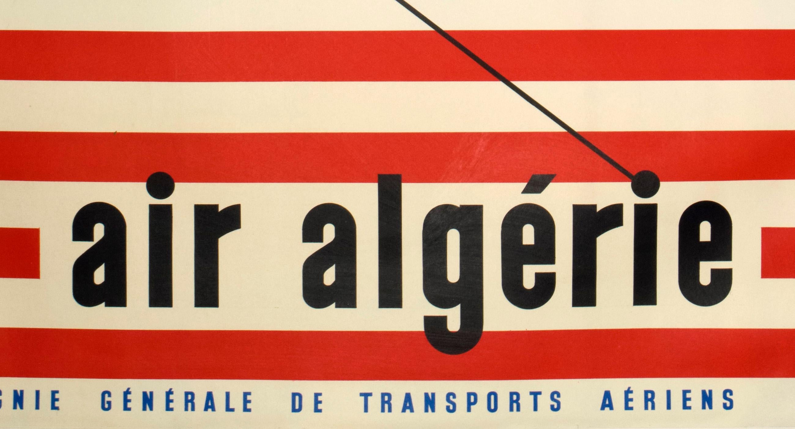 In this clean, 1950s atomic-age design for Air Algerie, Guy Georget features the sleek Lockheed Constellation with its distinctive triple-tail and thin, dolphin-shaped body. The posters palette of blue, red and white, are those of the French