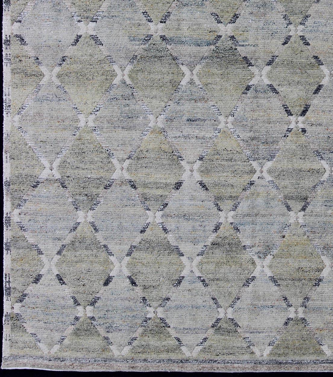 Gray geometric latticework pattern modern Scandinavian piled rug in neutral tones. Keivan Woven Arts /  rug RJK-16354-shb-008-pile, country of origin / type: India / Scandinavian flat-weave
Measures: 9'2 x 11'10.
This Scandinavian flat-weave is