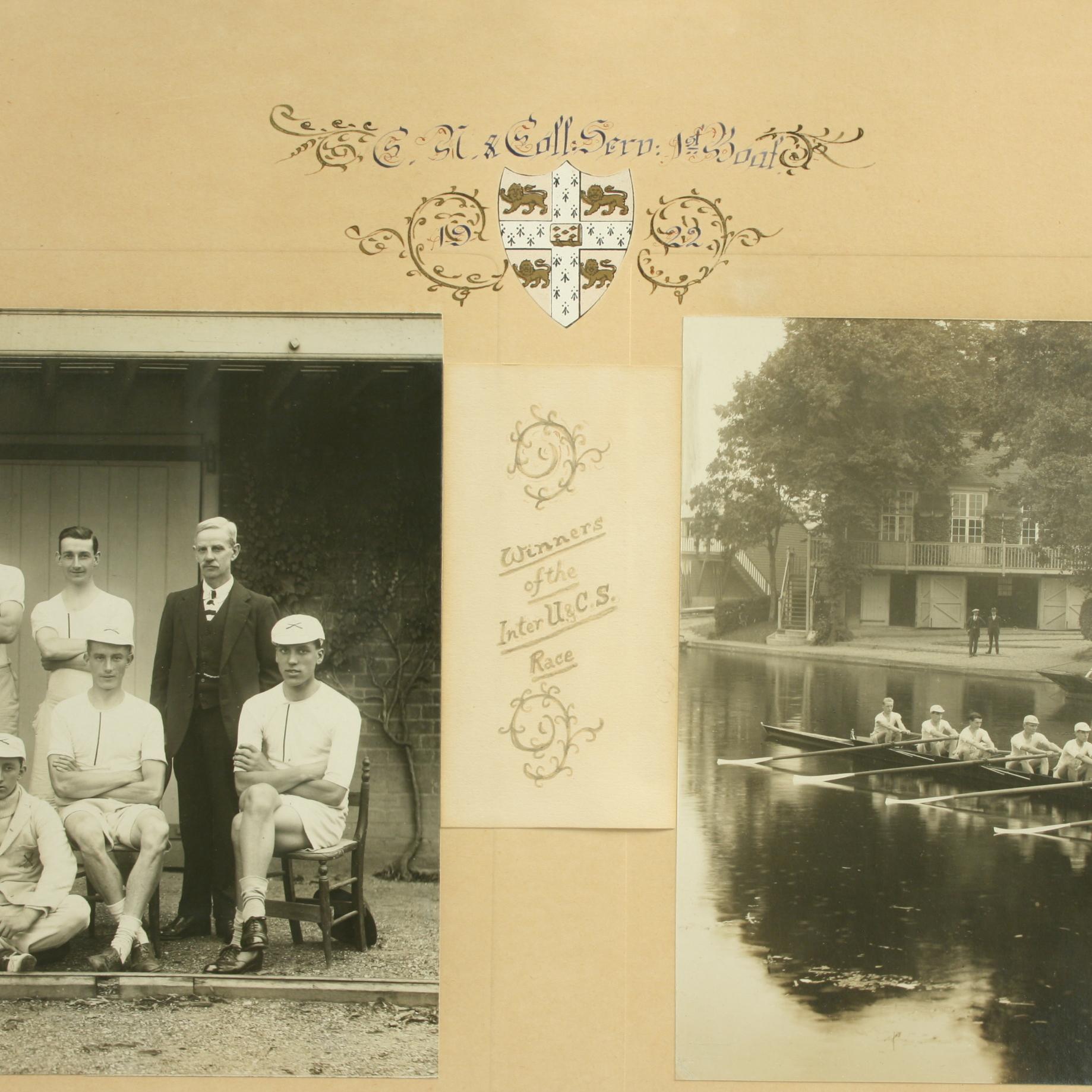 Cambridge University Association College Servants Double Rowing photograph.
A good framed Cambridge Association College Servants rowing team photo of the 1922 1st boat crew, winners of the Inter U. & C.S. race. The photos are framed in a
