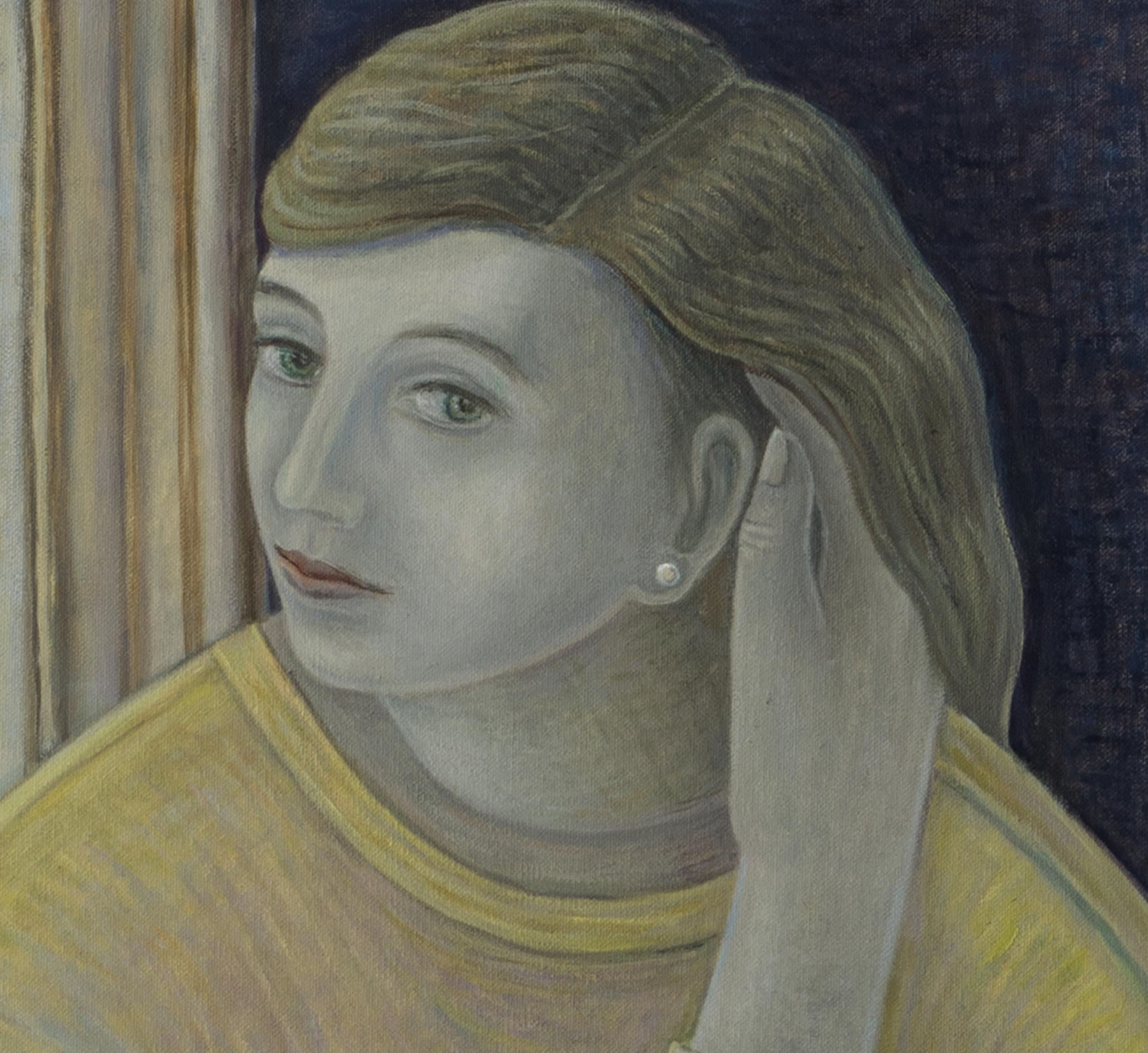 Much vaunted Scottish artist Ruth Addinall is well recognised for her paintings of women, her characters form strong pieces that also reflect a more gentle aspect. Her subject is a thoroughly modern girl, however there are allusions to a more