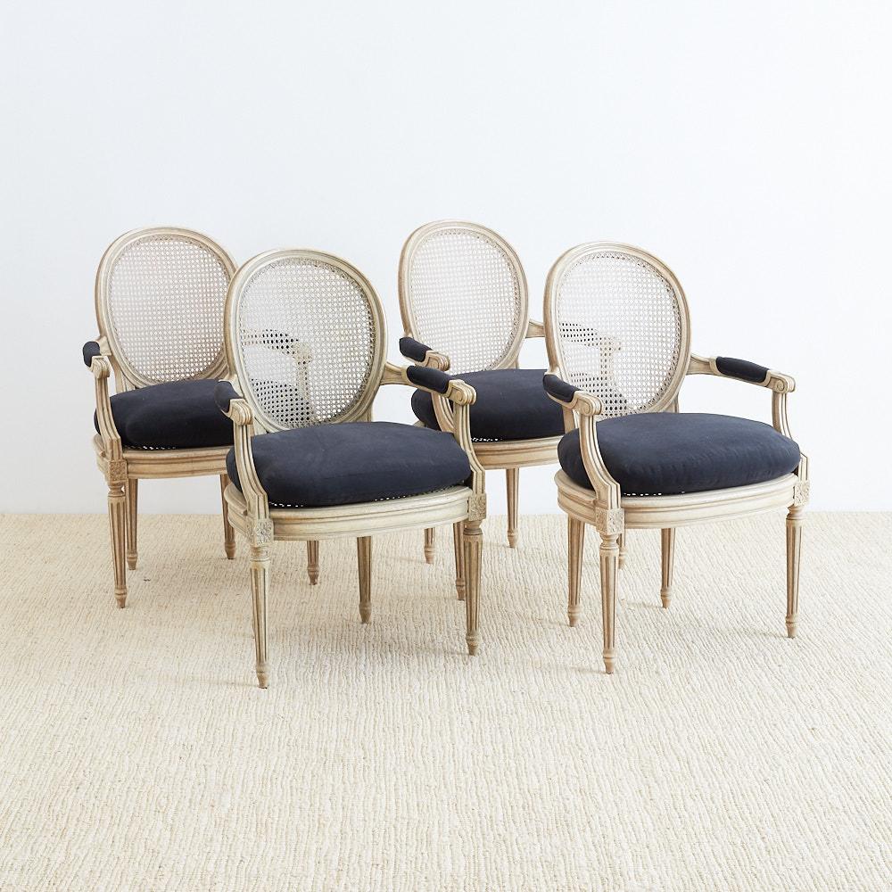 French Set of Four Louis XVI Style Cane Fauteuil Dining Armchairs