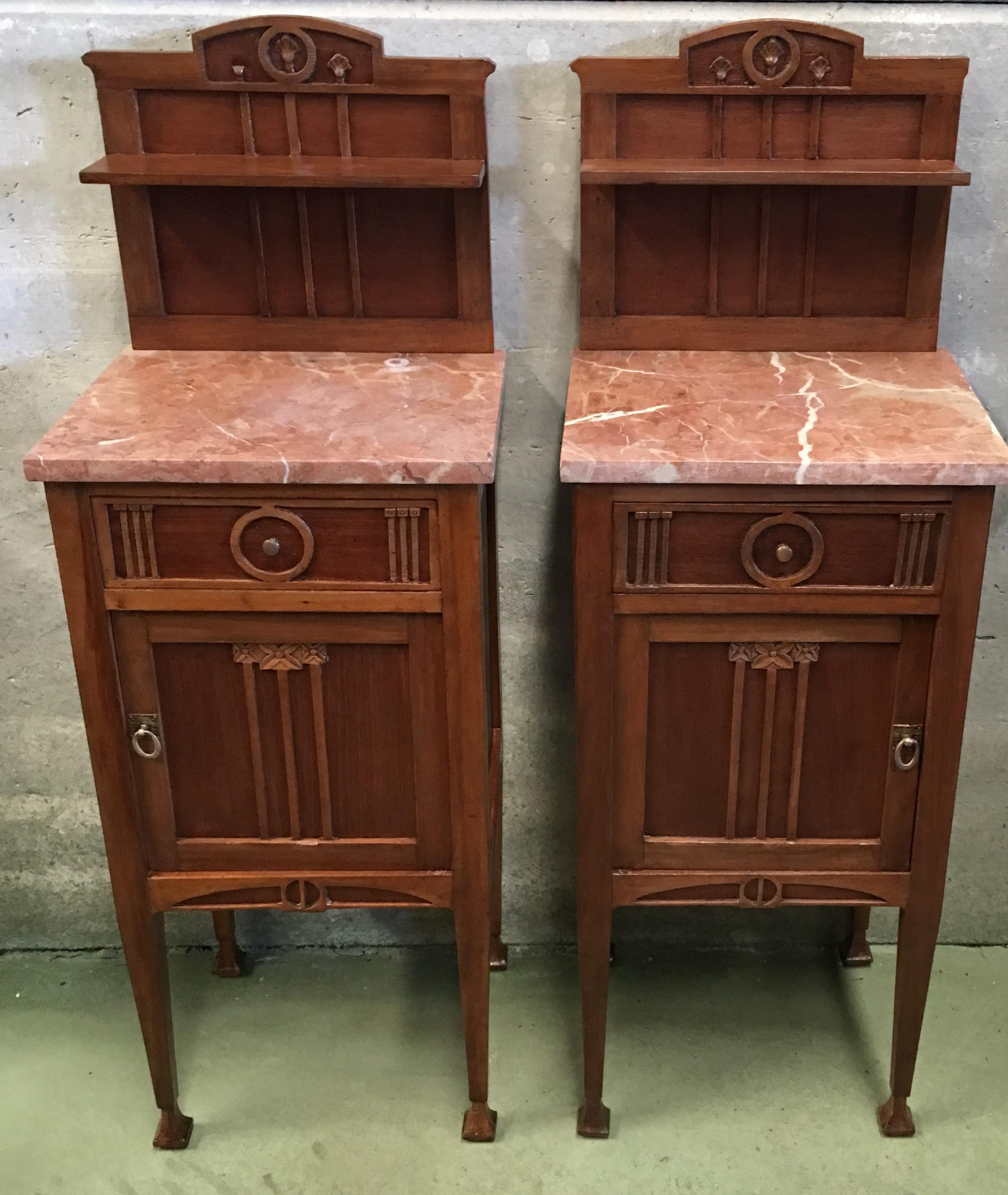 Italian 1900s, Art Nouveau Pair of Nightstands in Mahogany Top in Marble