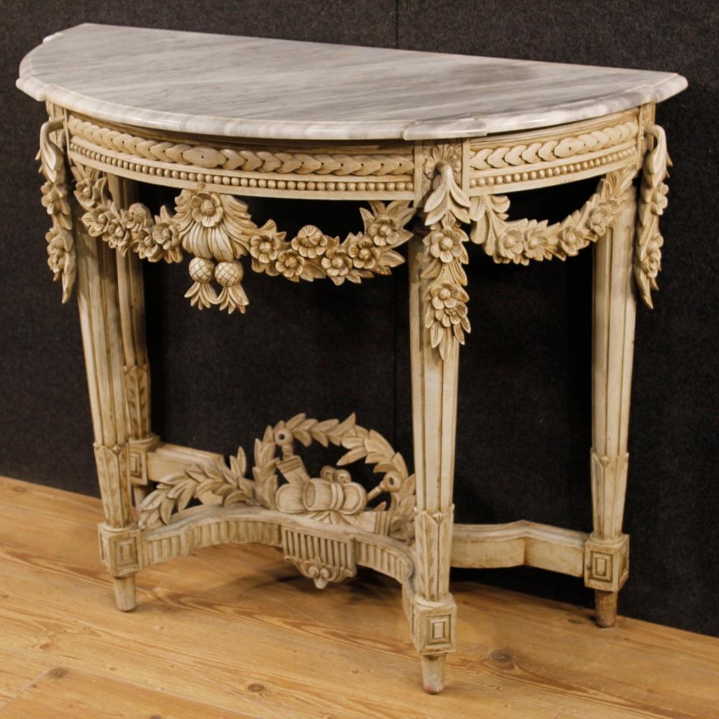 20th Century White Painted Wood French Louis XVI Style Console with Marble Top In Good Condition In Vicoforte, Piedmont