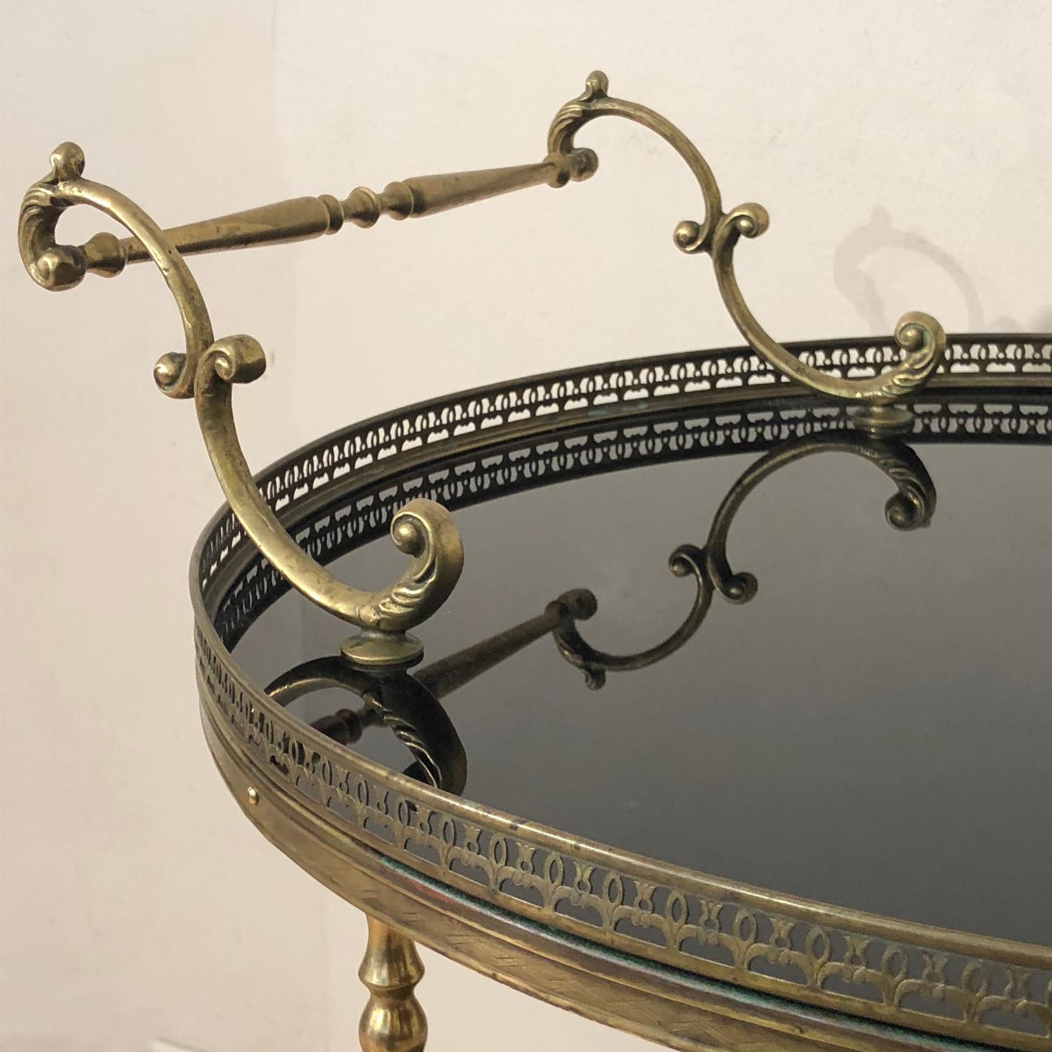 French Art Deco Brass and Shiny Black Lacquer Rounded Bottle Holder Tray, France, 1940s