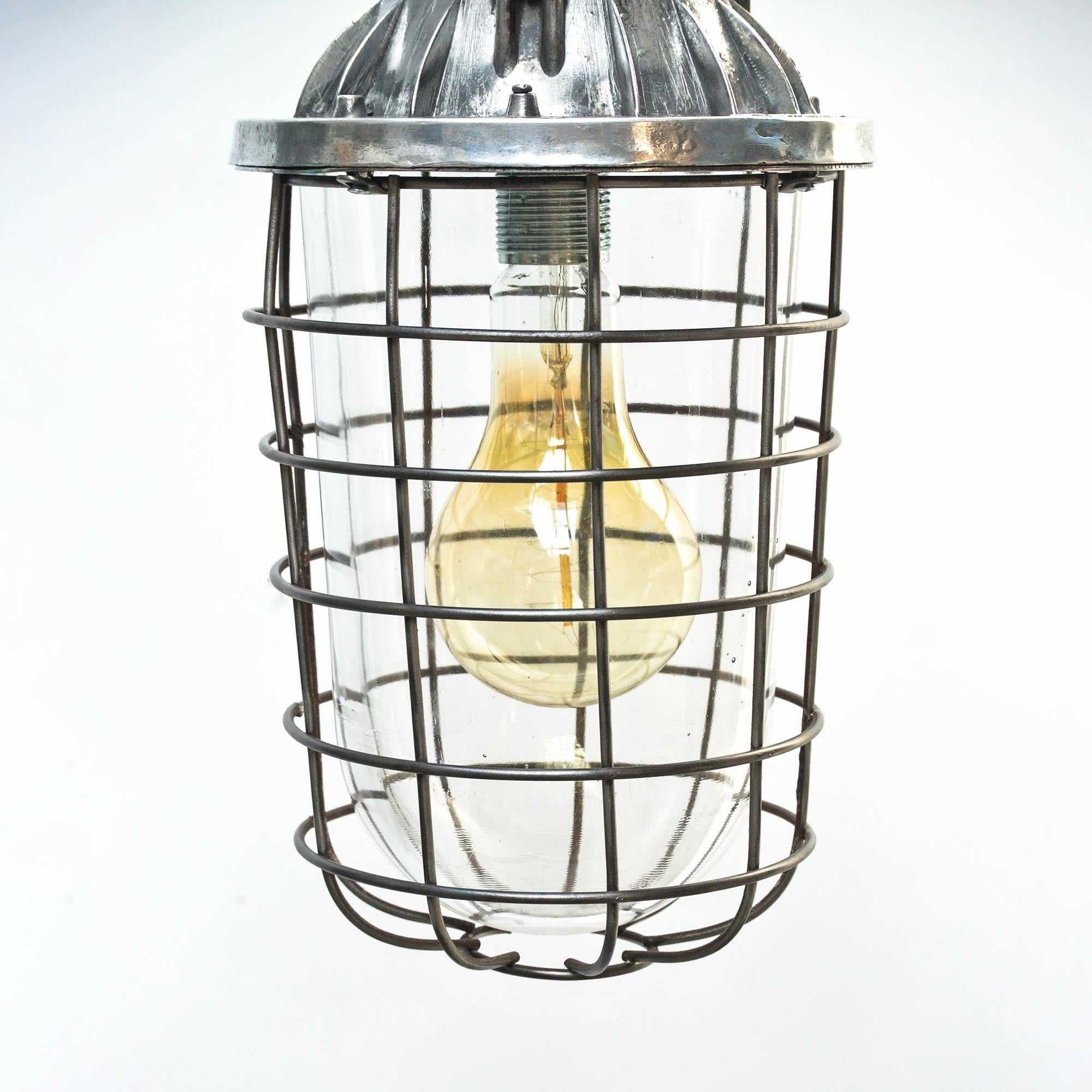 Industrial Ceiling Lamp, Glass Globe with Squared Fence, circa 1950-1959, France
