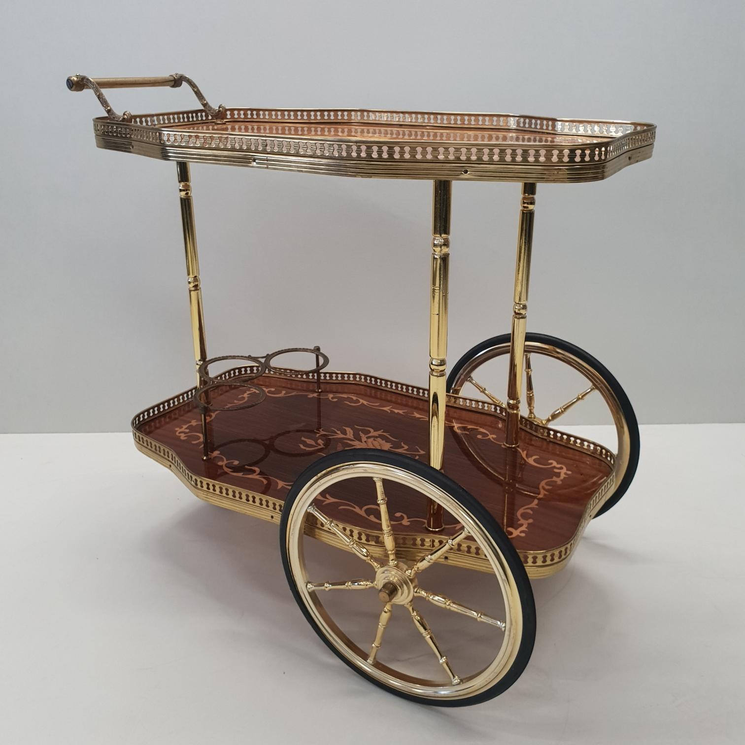 Neoclassical Italian Brass Trolley Bar Cart with Wooden Inlay, 1950s