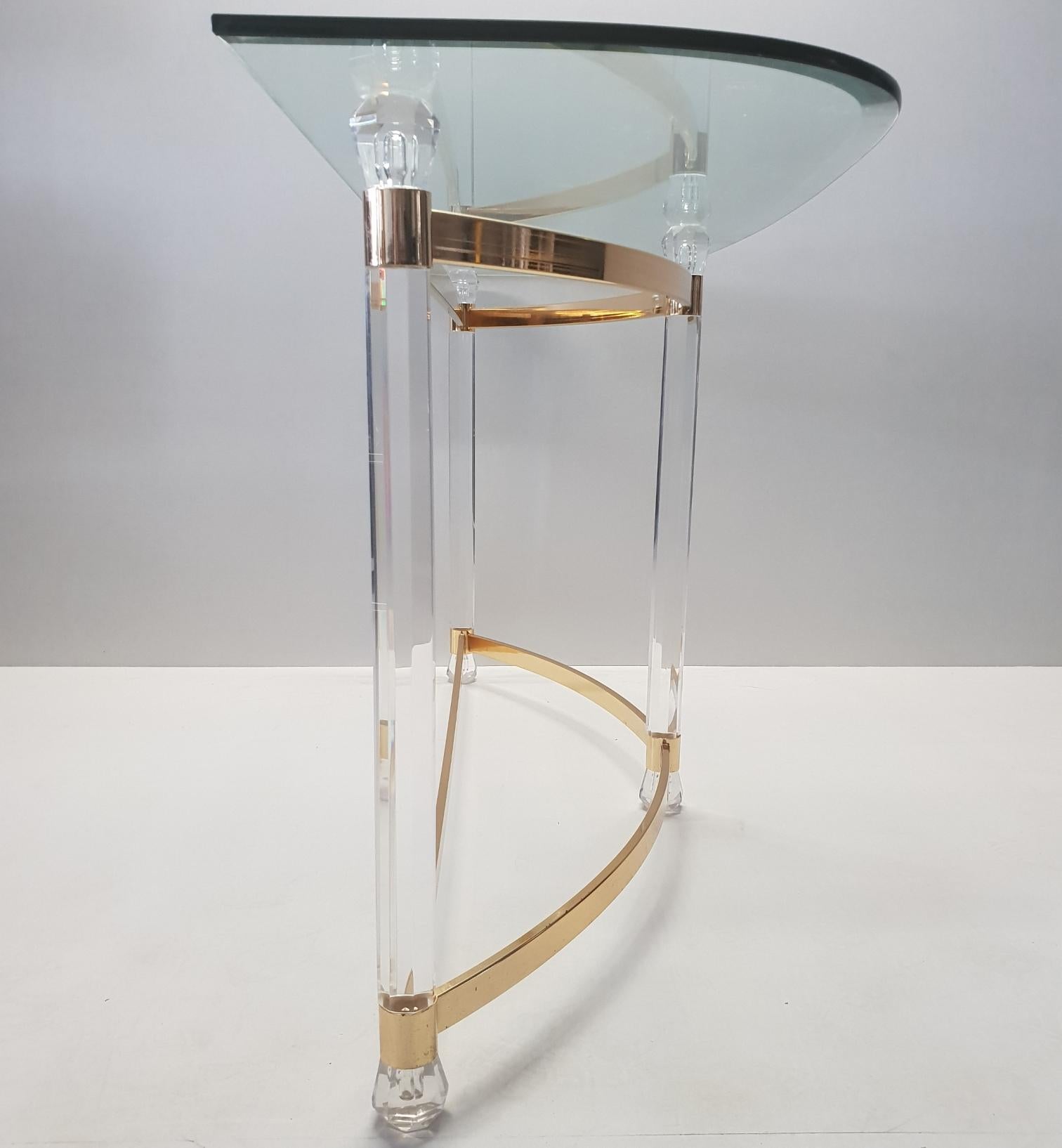 Hollywood Regency French Brass and Lucite Console Table with Facet Glass Top, 1970s